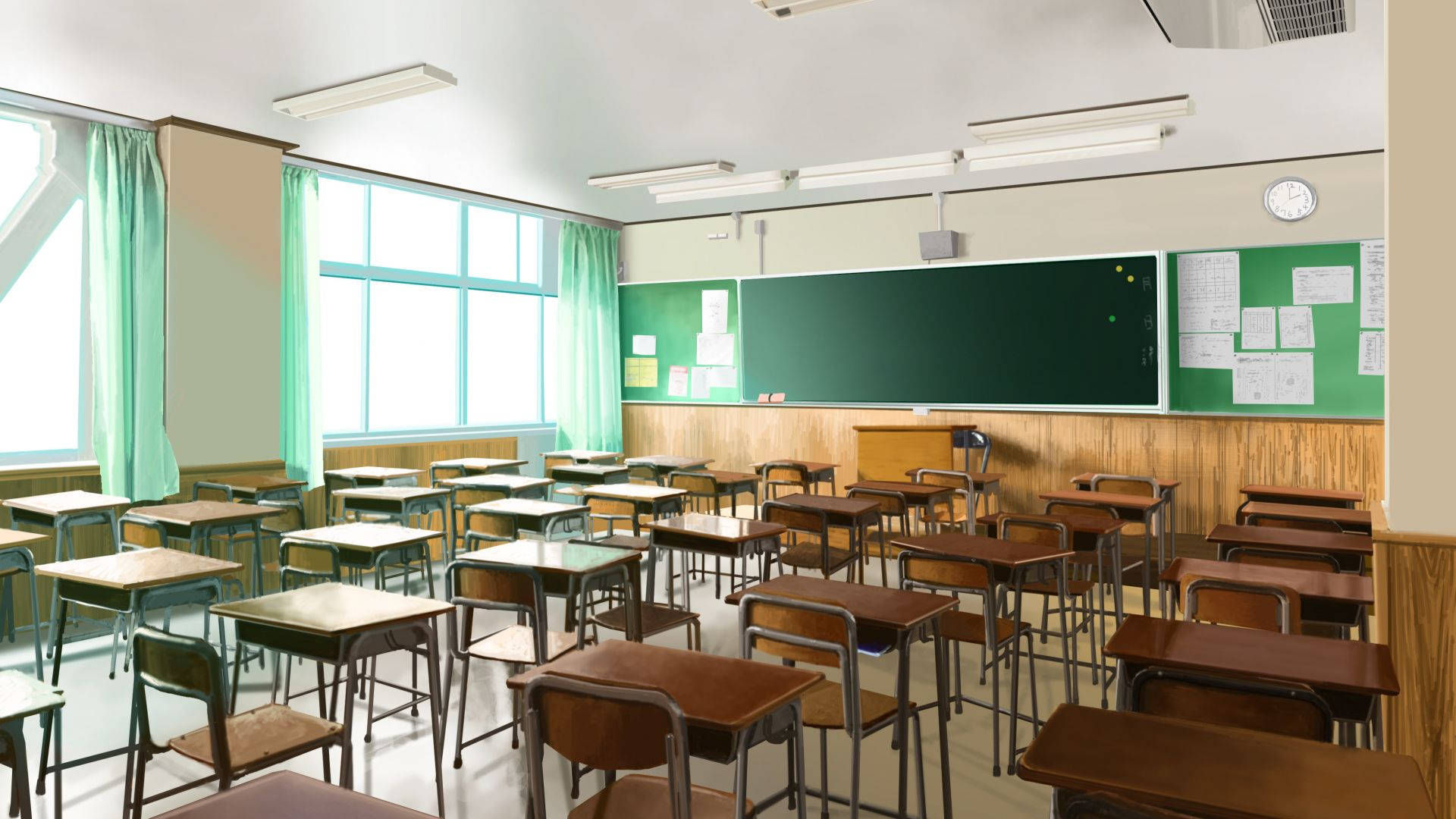 realistic anime classroom, sunlit, empty classroom, Full HD Desktop Wallpaper