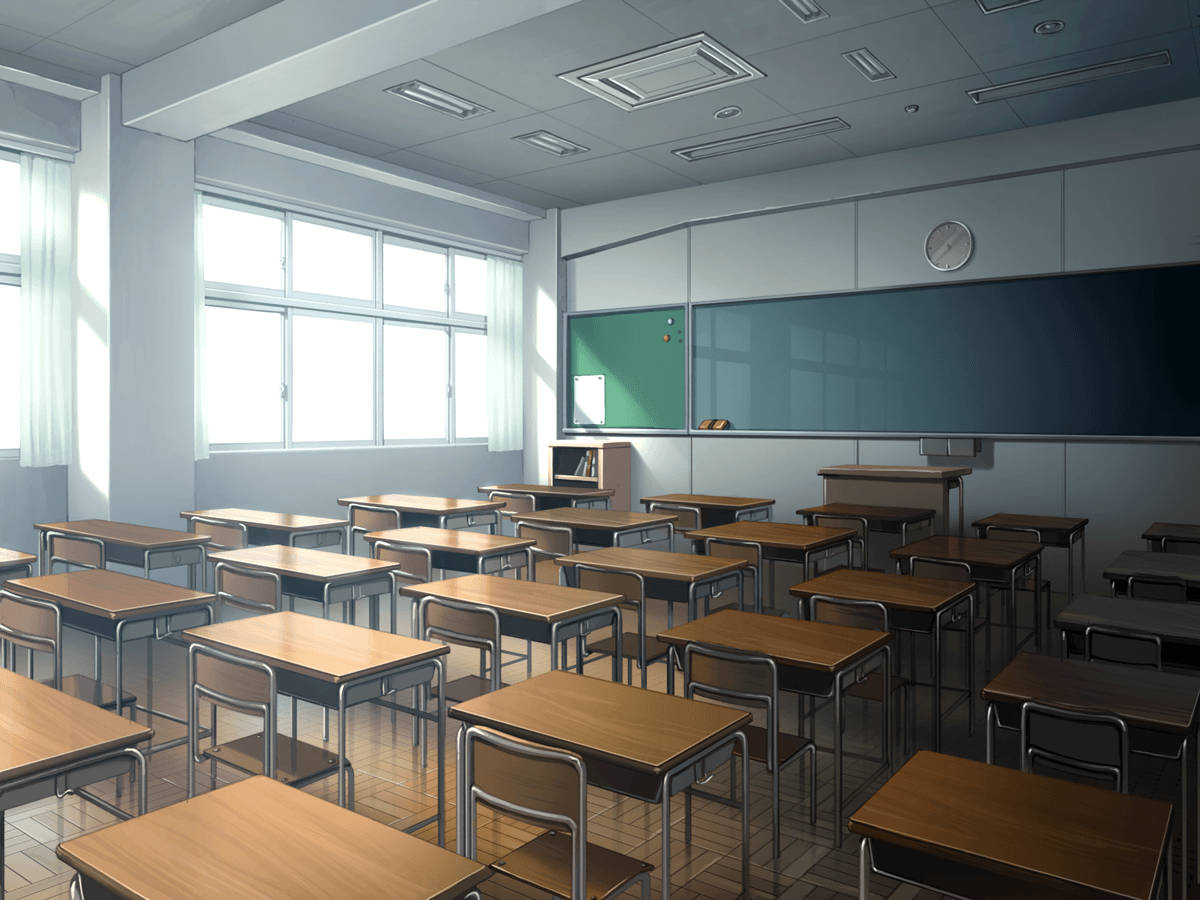 Anime Classroom, sunlight, wooden desks, SD Desktop Wallpaper