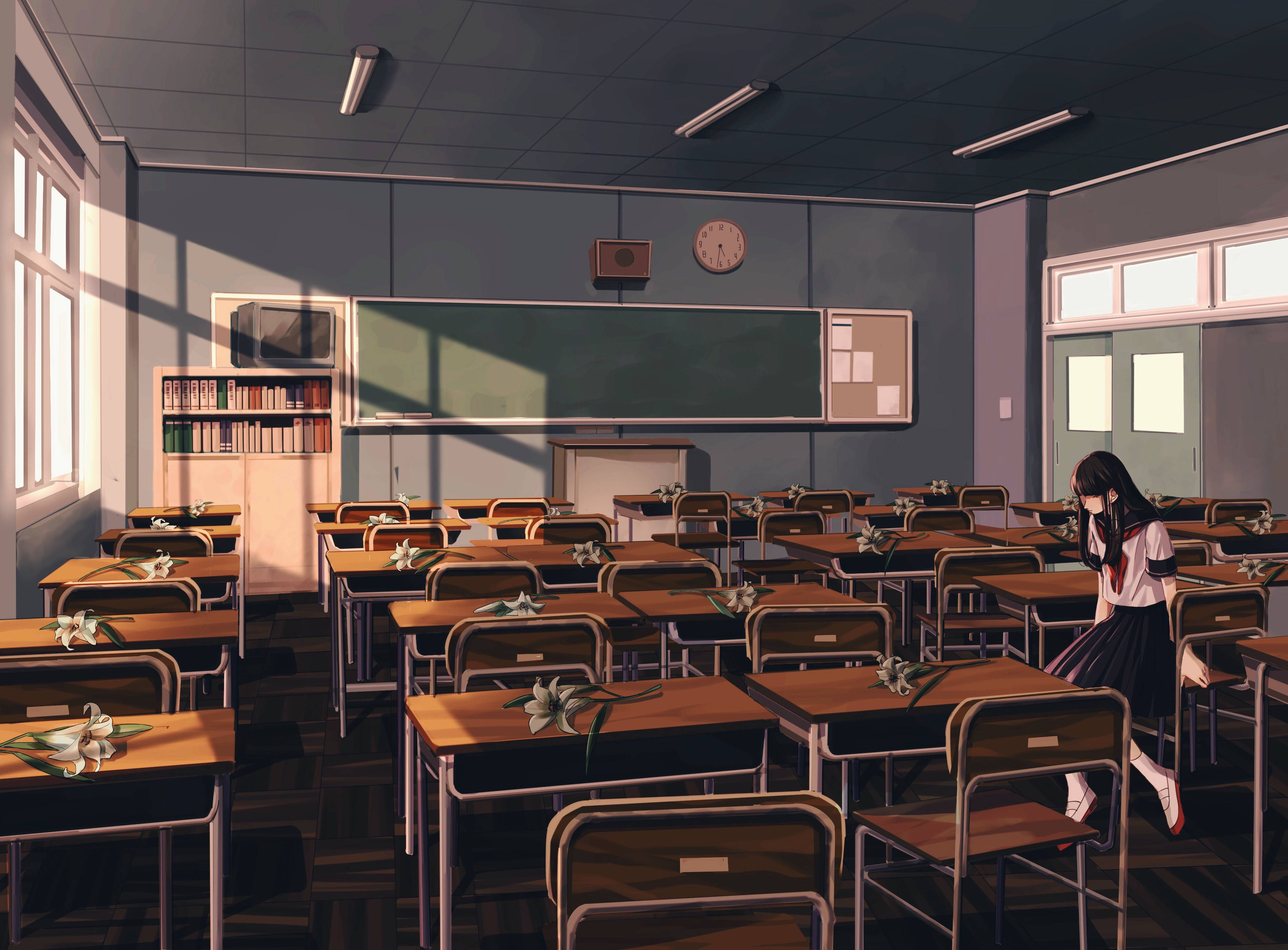 anime girl, school uniform, empty classroom, 4K Desktop Wallpaper