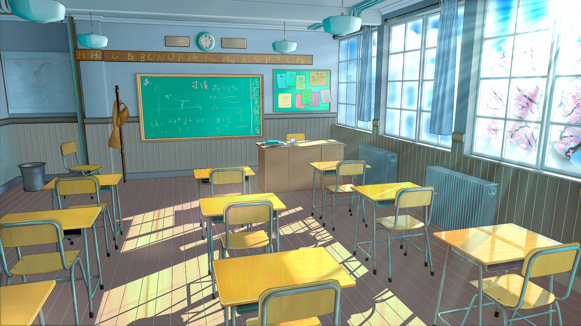 yellow desks, green chalkboard, blue accents, Full HD Desktop Wallpaper