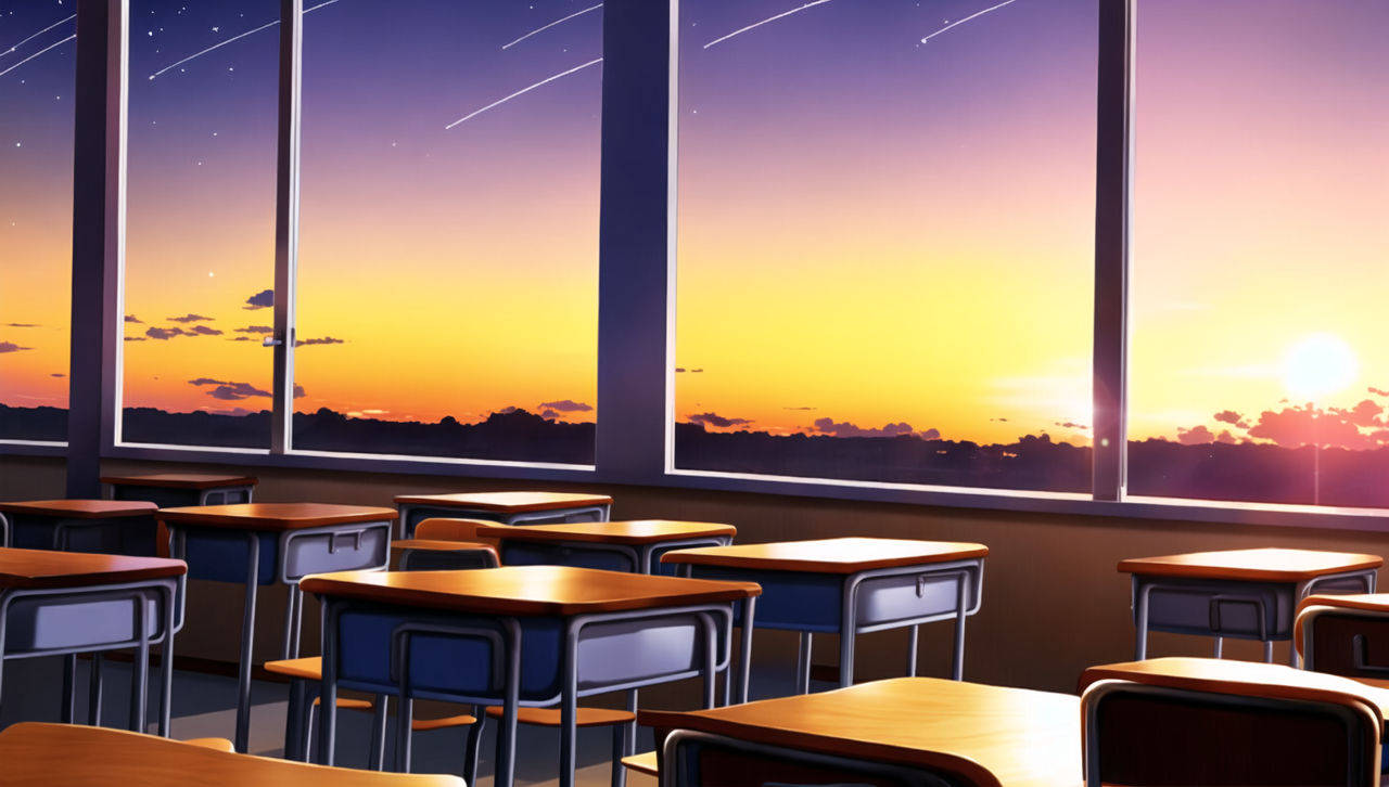 Anime Classroom, sunset, wooden desks, HD Desktop Wallpaper