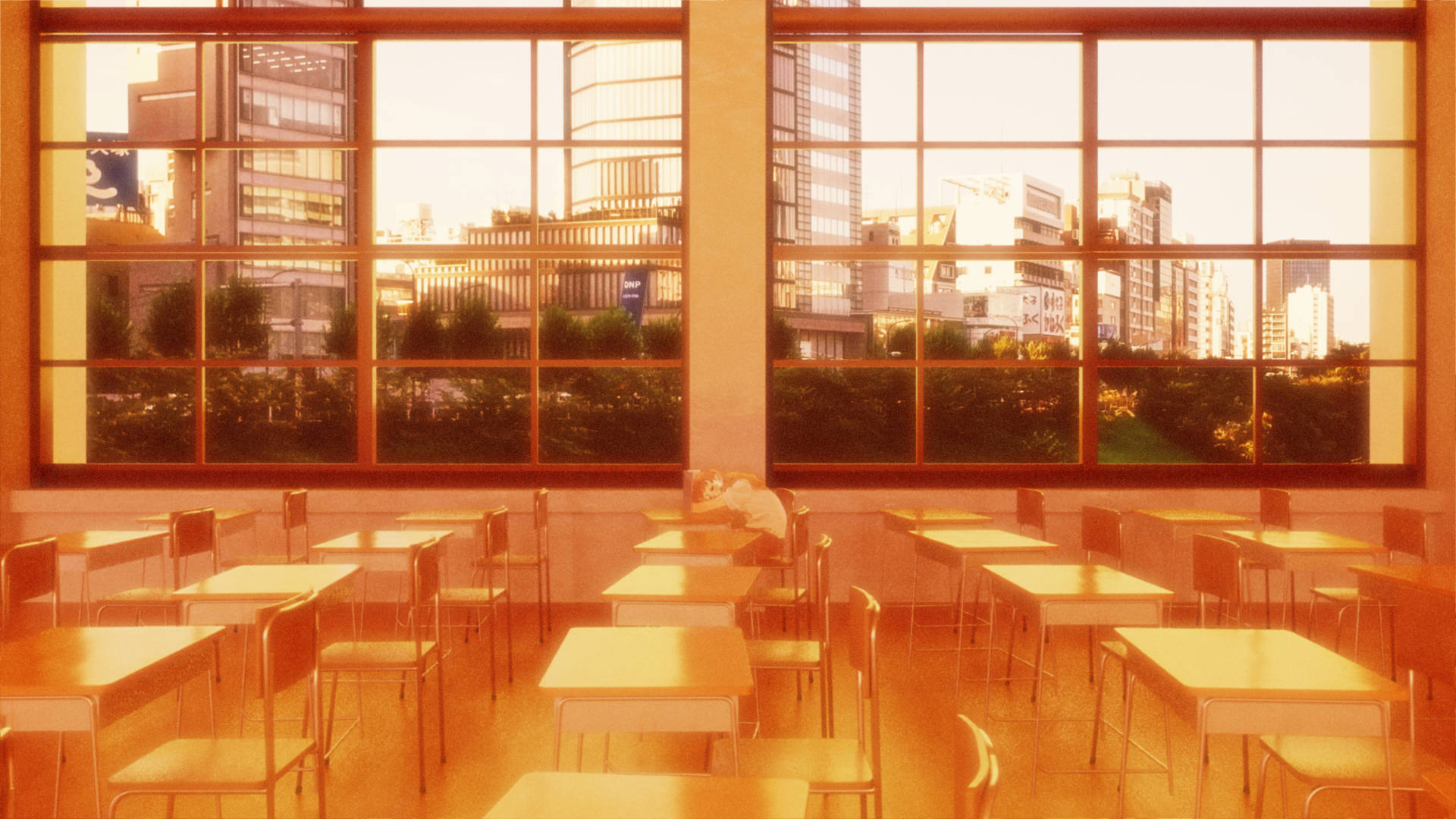 orange, anime classroom, golden sunset light, Full HD Desktop Wallpaper