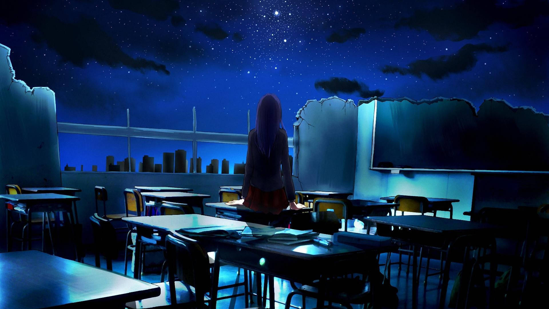 anime classroom, destroyed building, purple hair, Full HD Desktop Wallpaper