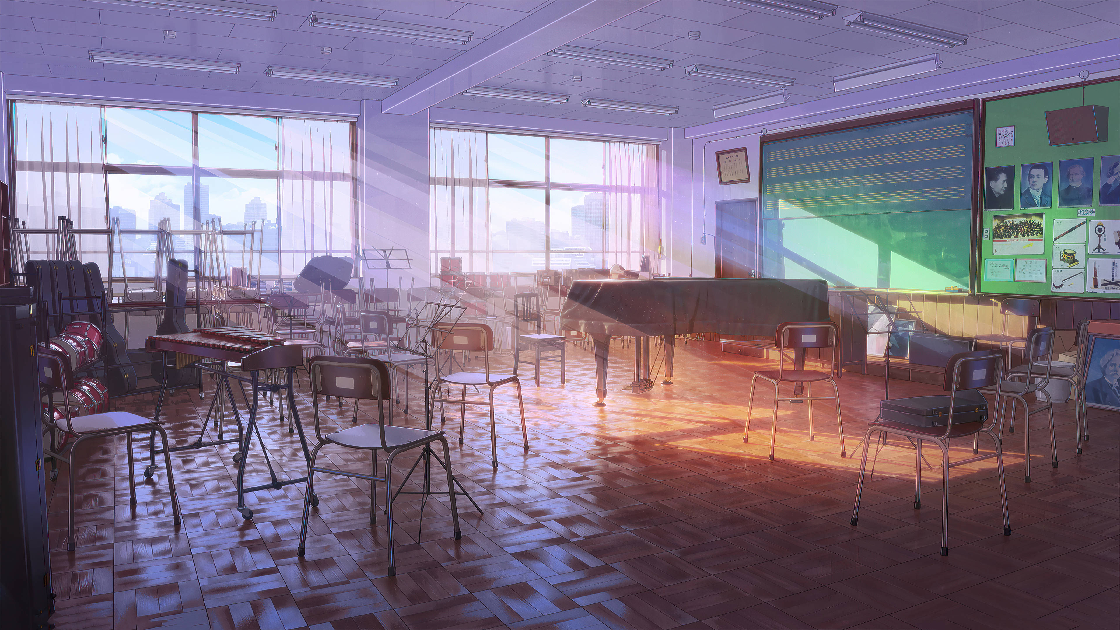 Anime Classroom, music classroom, grand piano, 4K Desktop Wallpaper