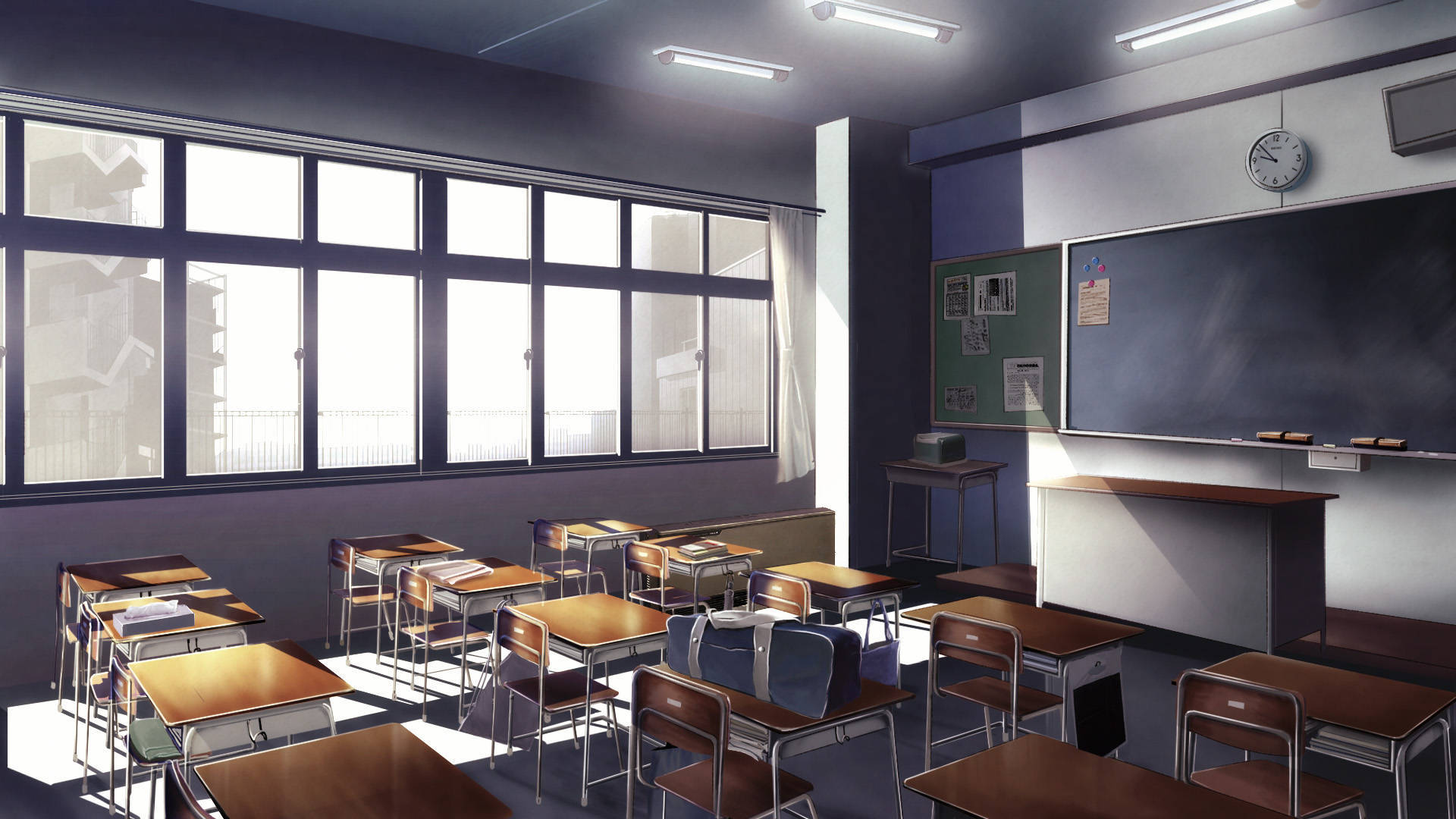 Sterile Anime Classroom, sunlight, large windows, Full HD Desktop Wallpaper