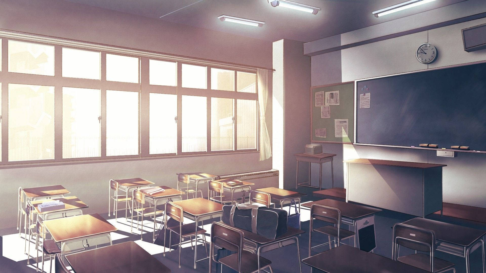 Anime Classroom, sunlight, large windows, Full HD Desktop Wallpaper