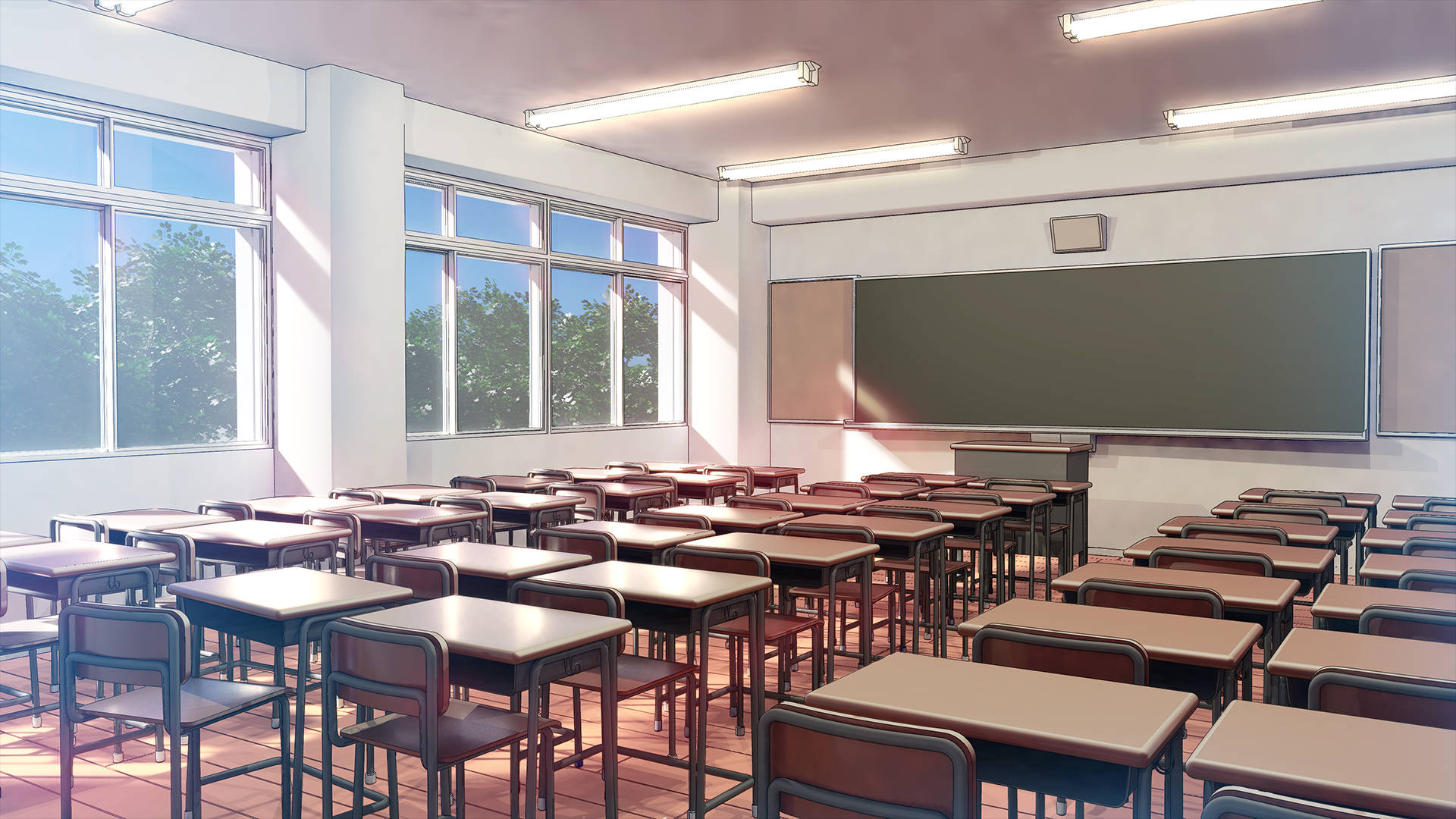 Sunny Anime Classroom, wooden desks, chairs, Full HD Desktop Wallpaper
