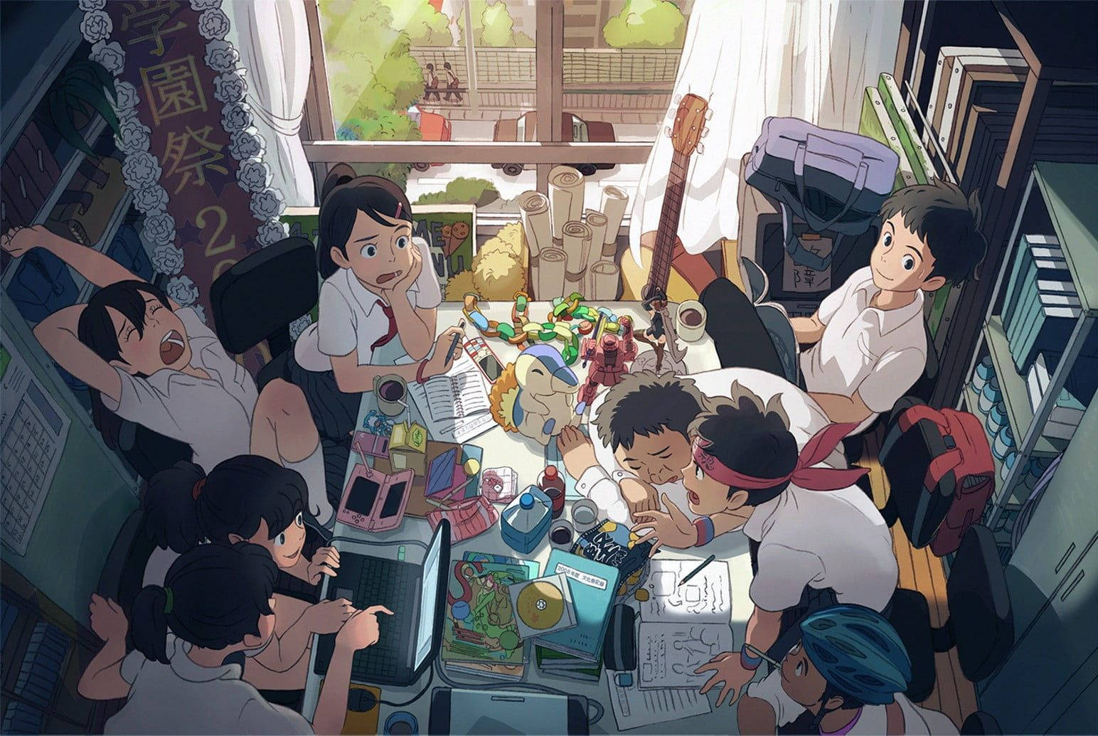 anime students, cluttered desk, books, HD Desktop Wallpaper