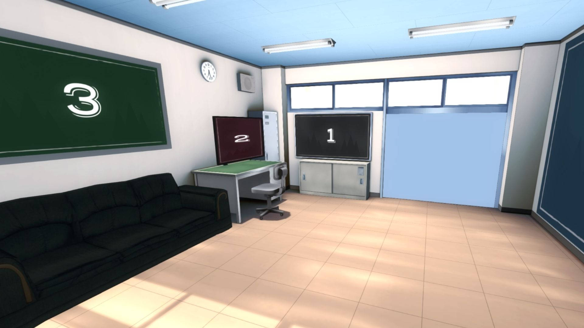 Anime Classroom, blue walls, tiled floors, Full HD Desktop Wallpaper