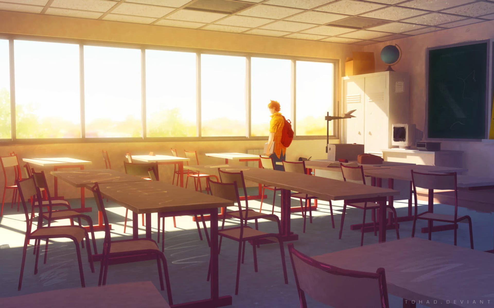 yellow hoodie, sunlit windows, empty classroom, Full HD Desktop Wallpaper