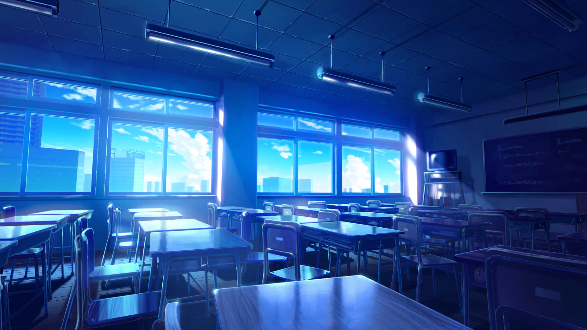 blue anime empty japanese classroom, cool blue light, large windows, Full HD Desktop Wallpaper