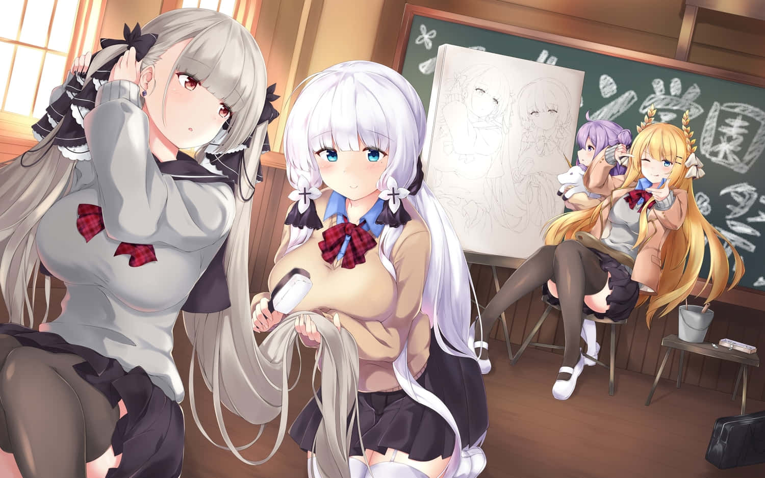 anime girls, school uniforms, wooden classroom, HD Desktop Wallpaper