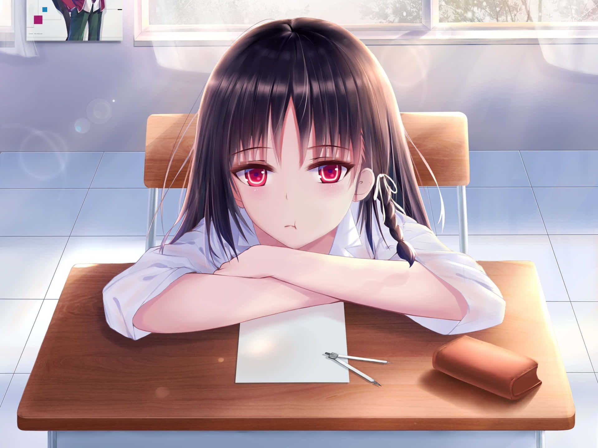 anime girl, red eyes, wooden desk, Full HD Desktop Wallpaper