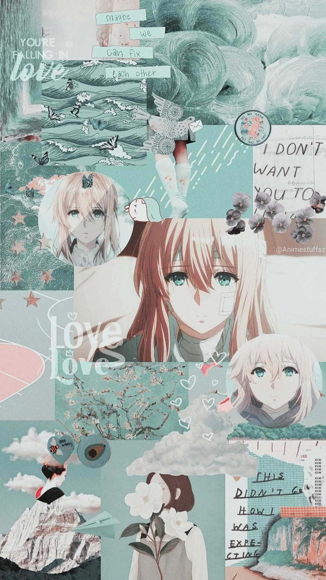 pastel teal, pink hues, anime collage, Full HD Phone Wallpaper