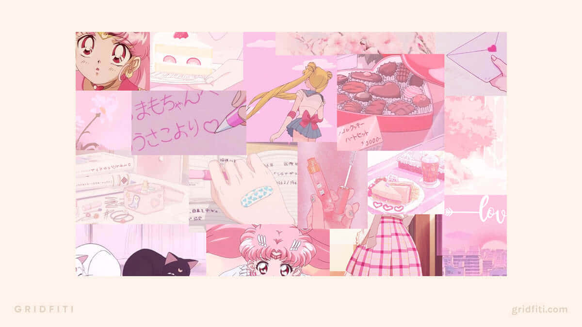 Anime Collage Aesthetic, soft pink, anime girl scenes, SD Desktop Wallpaper