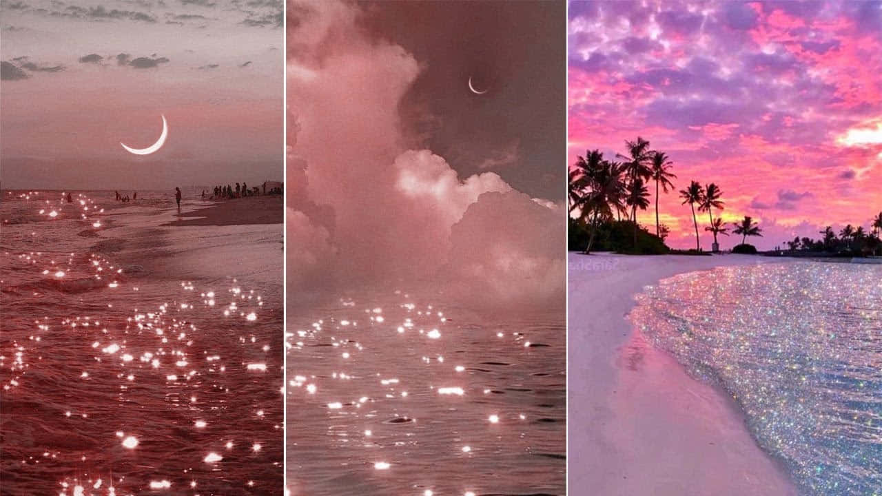 anime collage aesthetic, pink and purple skies, sparkling water, HD Desktop Wallpaper