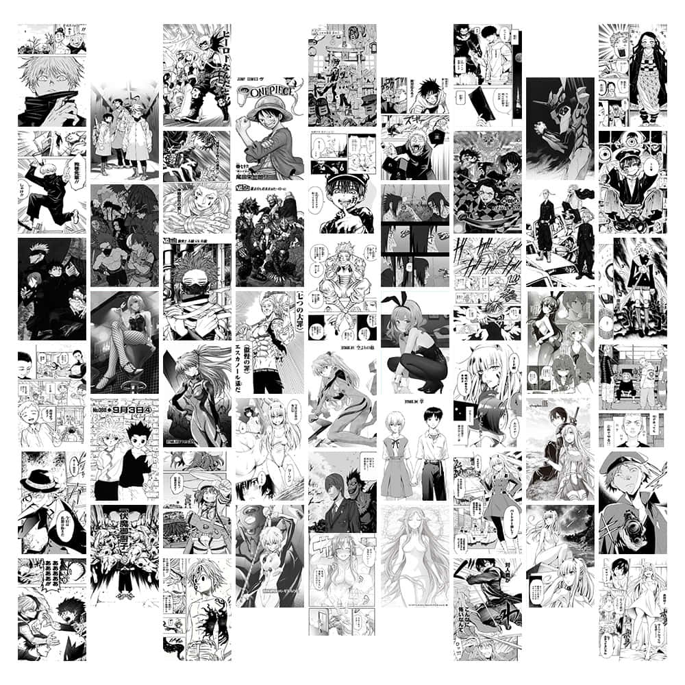black and white manga panels, diverse characters, dynamic action, SD Desktop Wallpaper
