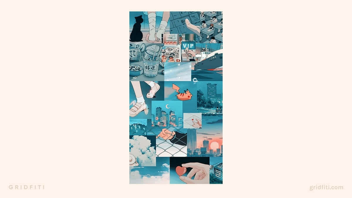 anime collage aesthetic, cool blue tones, cats, SD Desktop Wallpaper