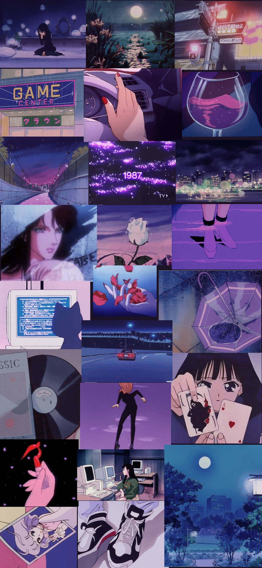 anime collage aesthetic, purple hues, night settings, Full HD Phone Wallpaper