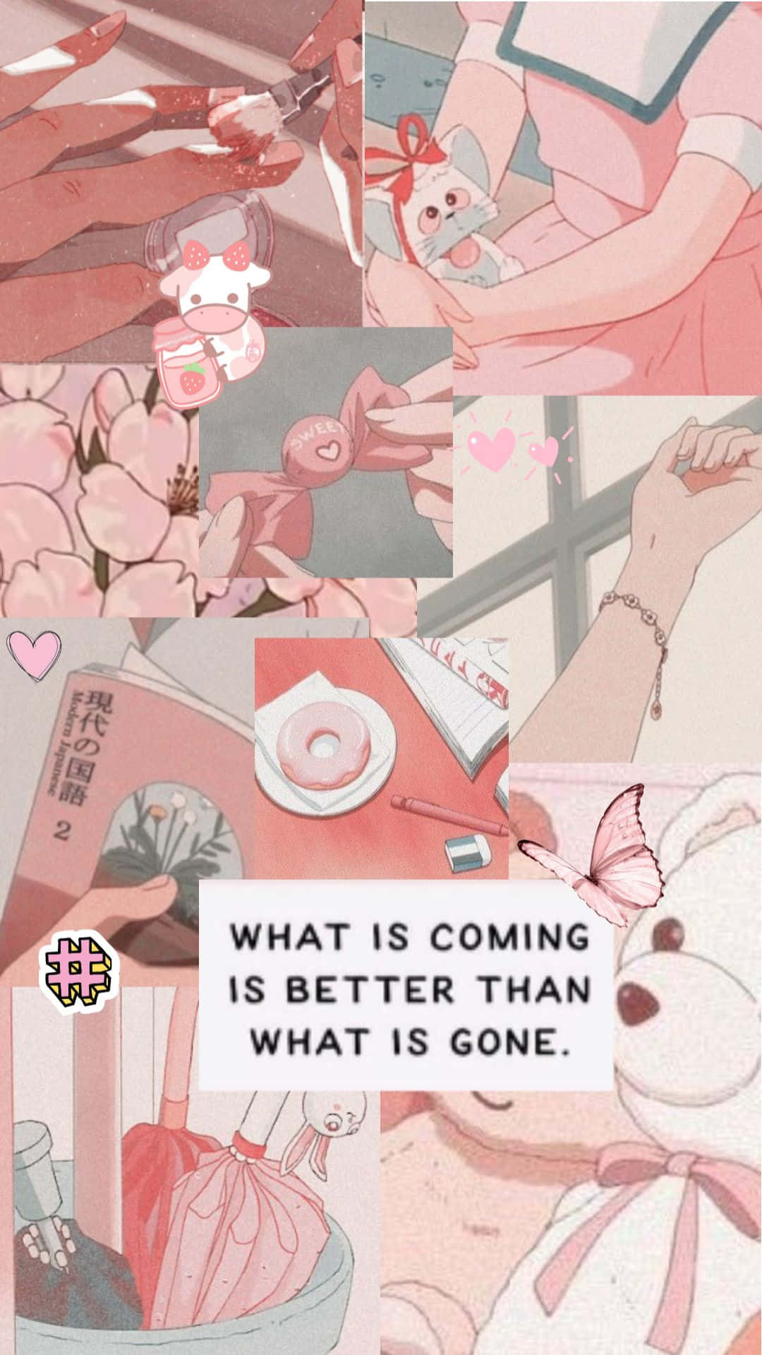 anime collage aesthetic, soft pink, hands holding plush toys, HD Phone Wallpaper