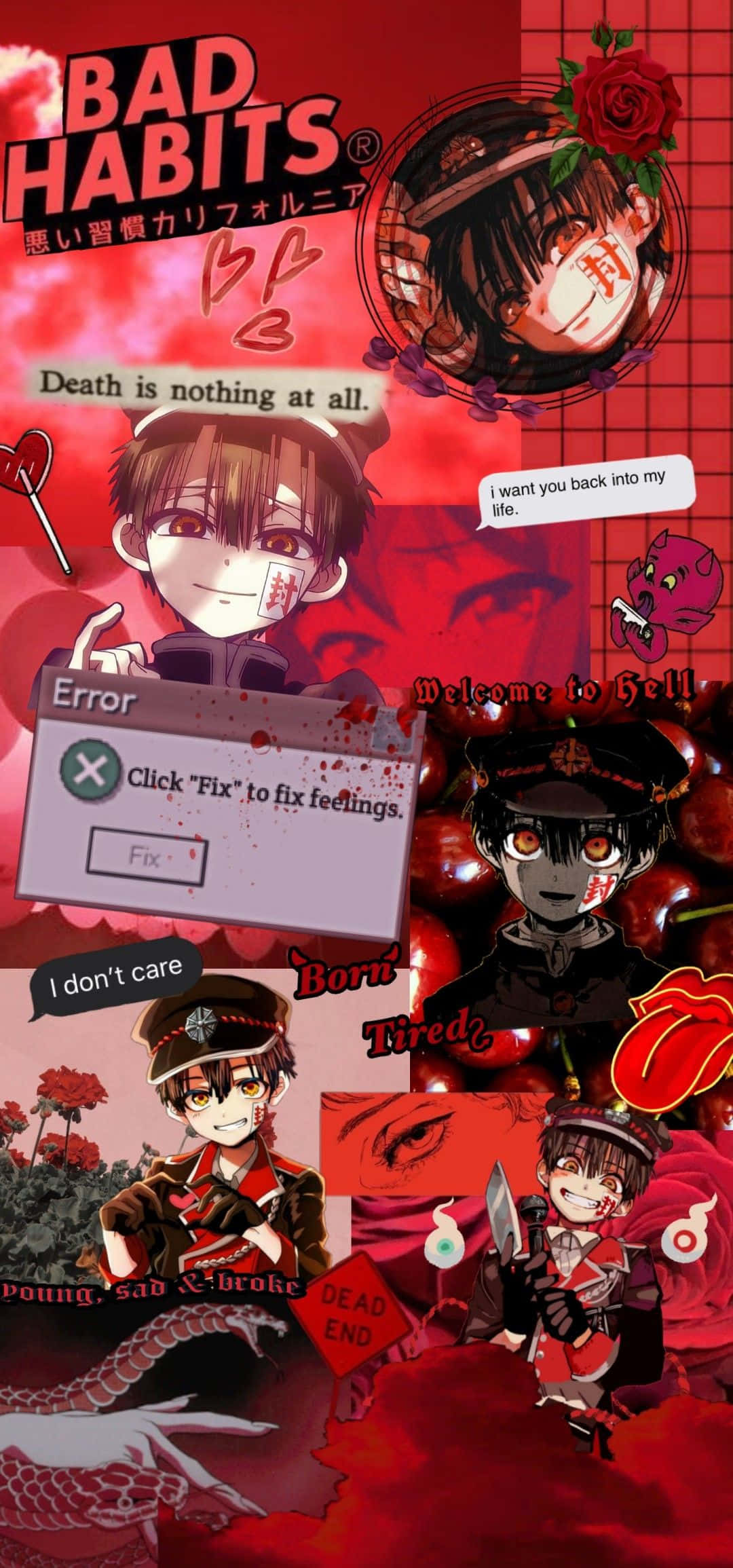 anime collage aesthetic, blood, roses, Full HD Phone Wallpaper