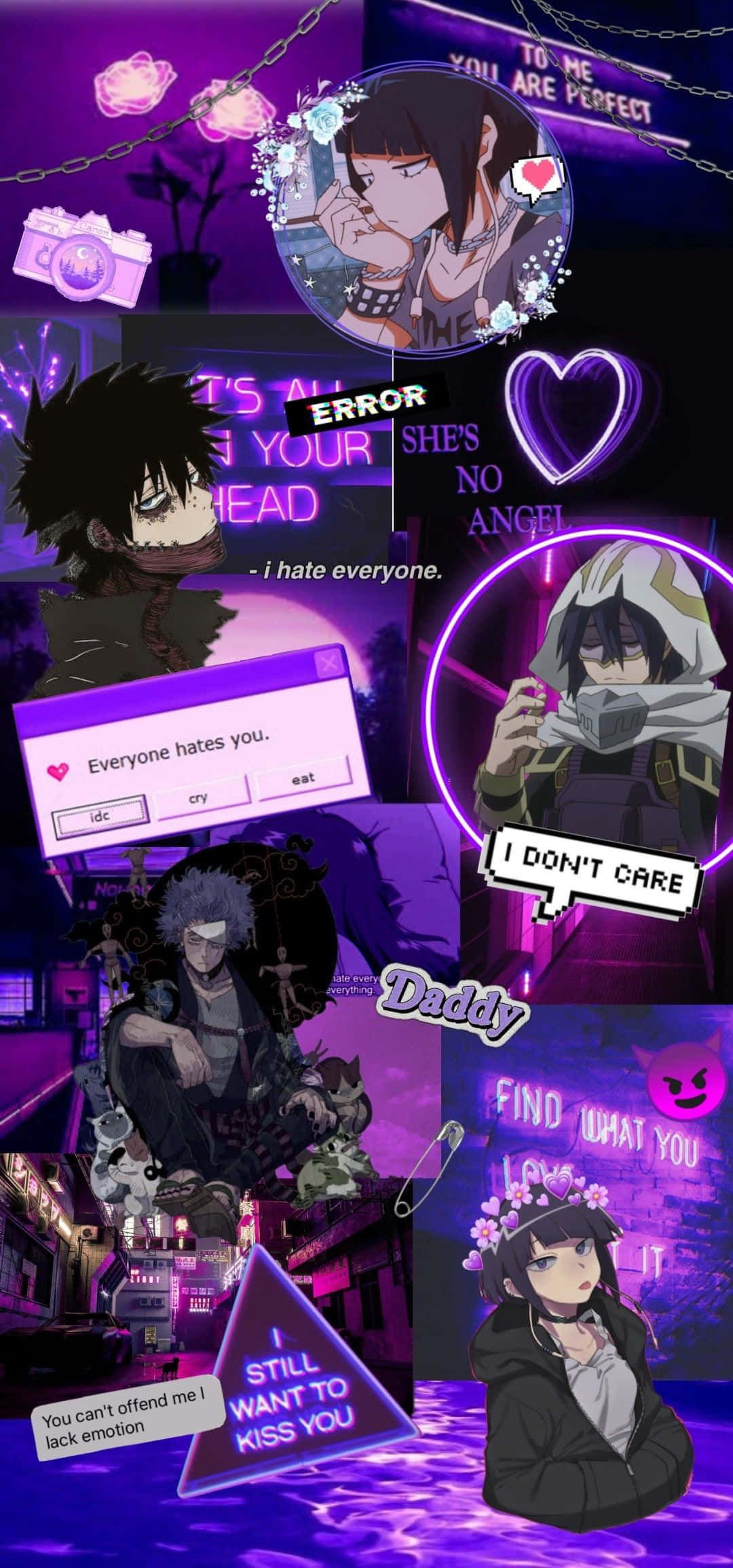 anime collage art, vibrant purple, multiple characters, Full HD Phone Wallpaper