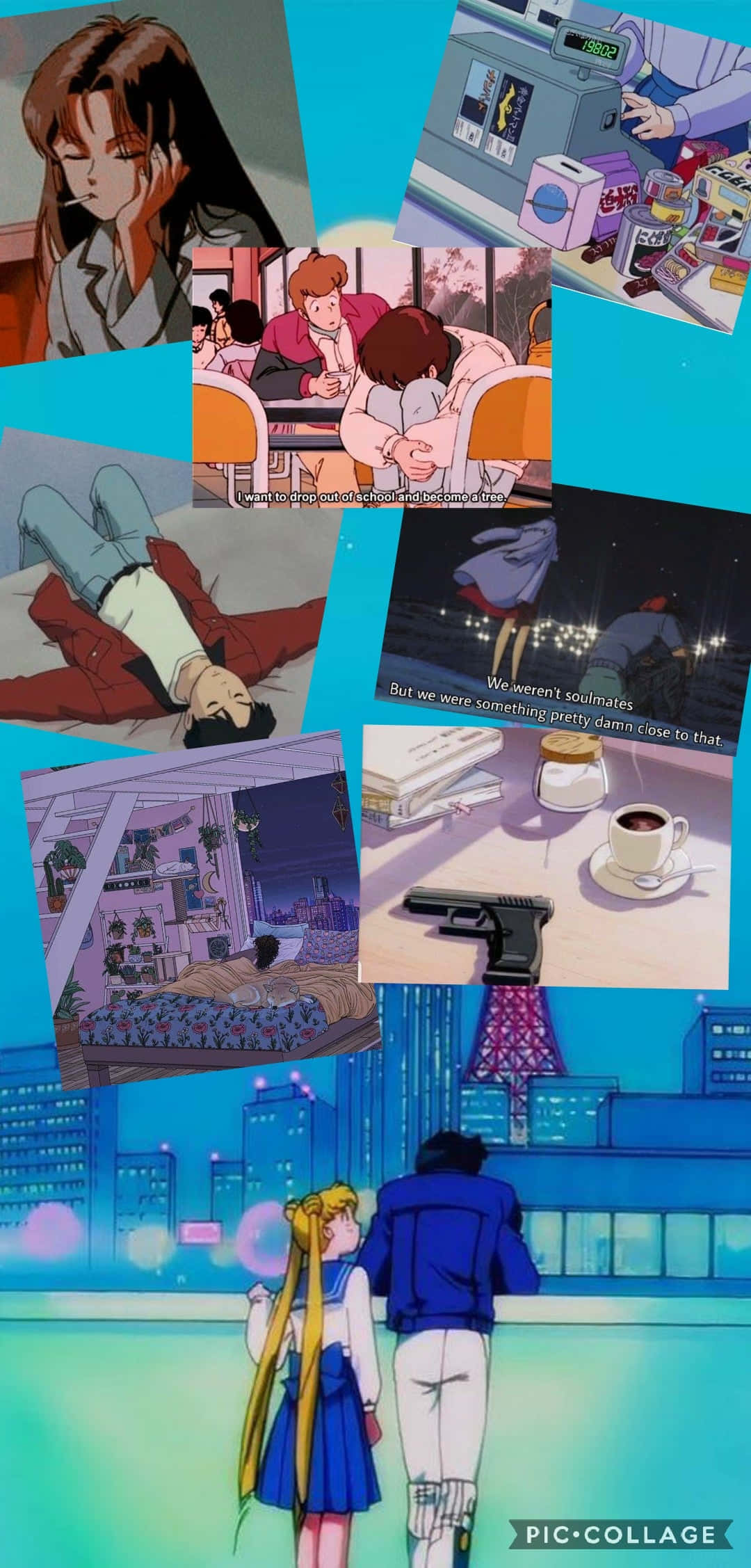Anime Collage Aesthetic, teal background, romantic moments, Full HD Phone Wallpaper