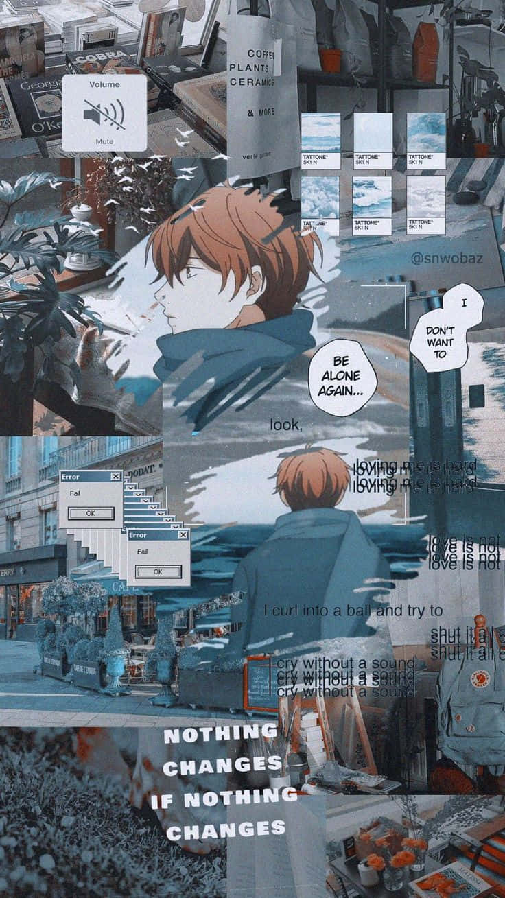 anime collage aesthetic, melancholic anime boy, orange hair, HD Phone Wallpaper