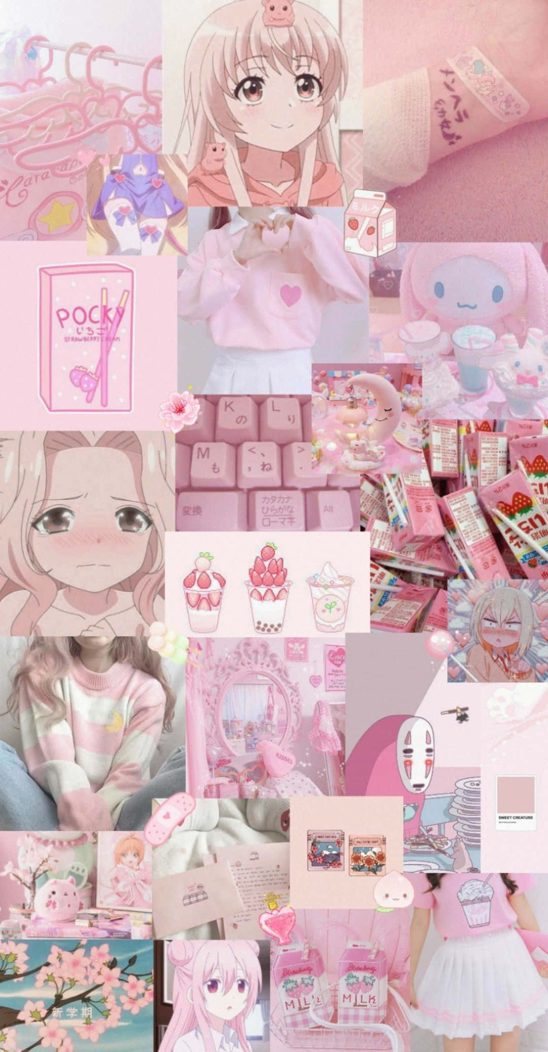 pastel pink, anime girls, snacks, Full HD Phone Wallpaper