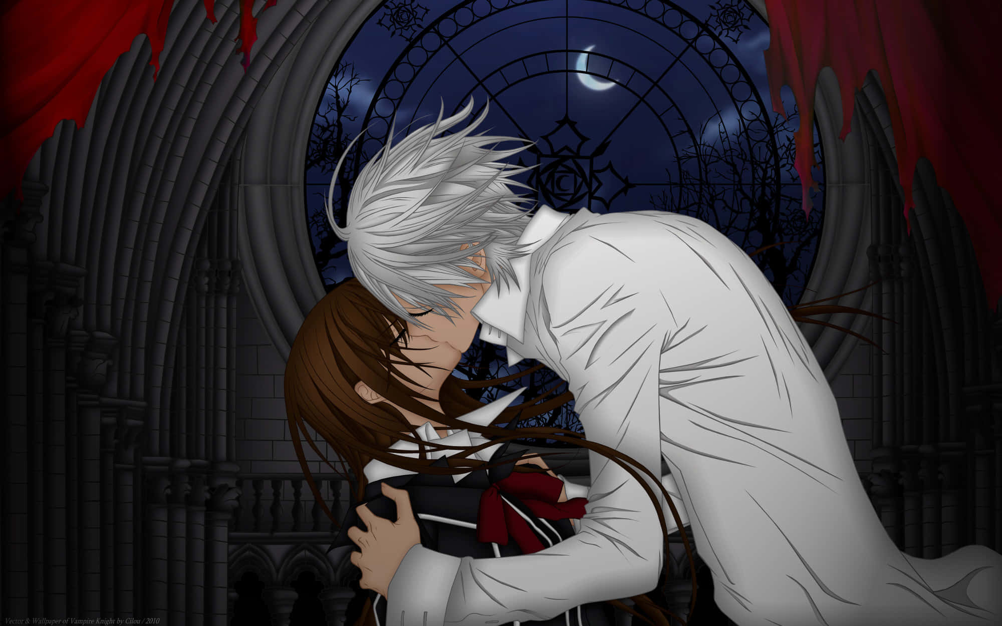 silver-haired anime character, brown-haired girl, gothic cathedral, Full HD Desktop Wallpaper