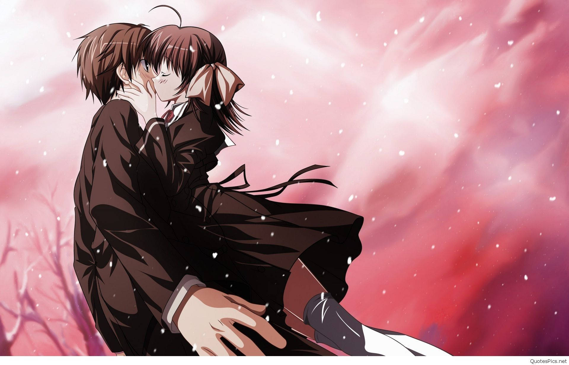 Anime Couple Hug, red sky, pink sky, Full HD Desktop Wallpaper