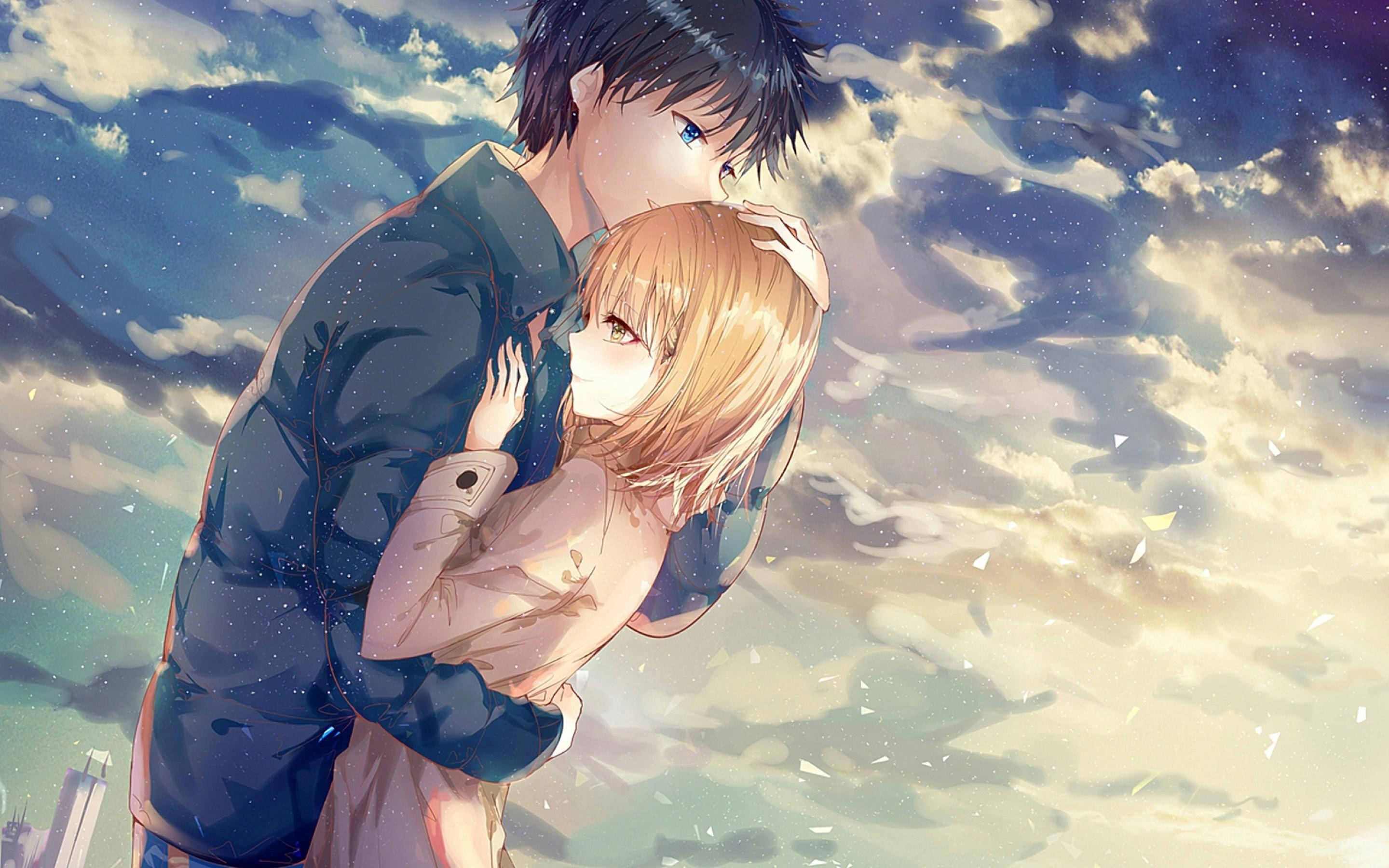 Anime Couple Hug, cloudy day, starry twilight sky, 2K Desktop Wallpaper