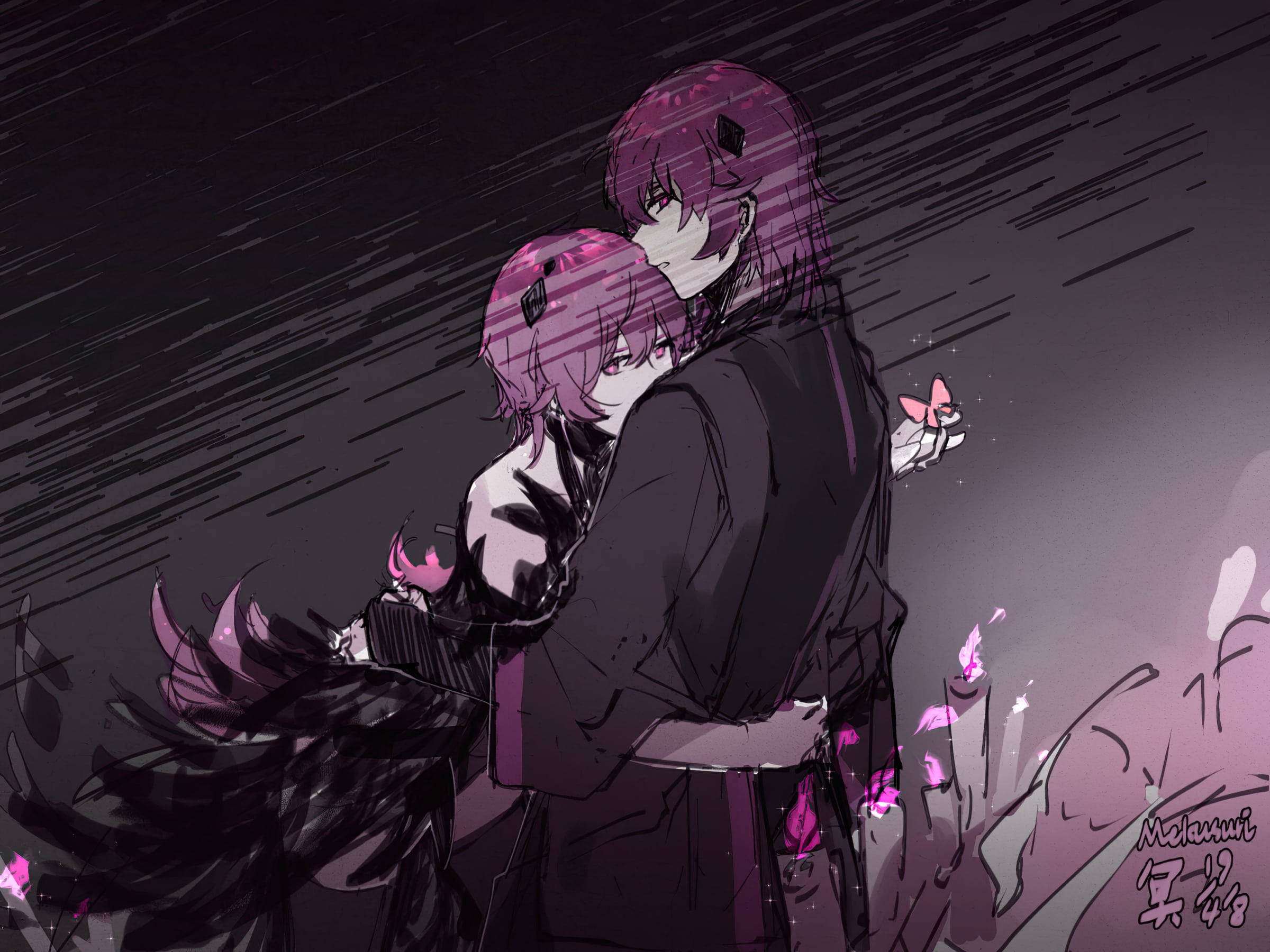 dark aesthetic, anime couple, digital painting, Full HD Desktop Wallpaper