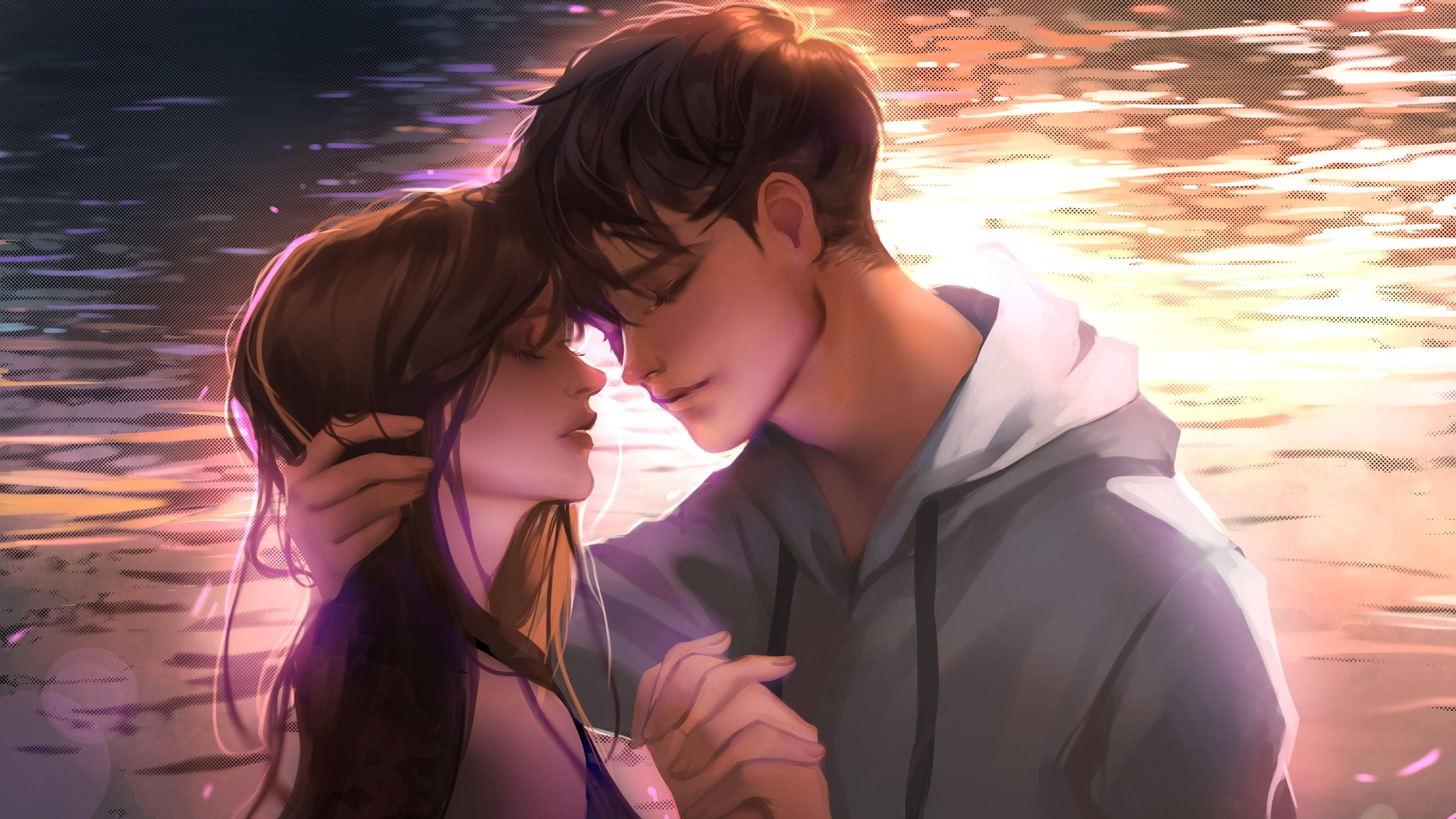 Anime Couple Hug, glowing water, warm sunset hues, 4K Desktop Wallpaper