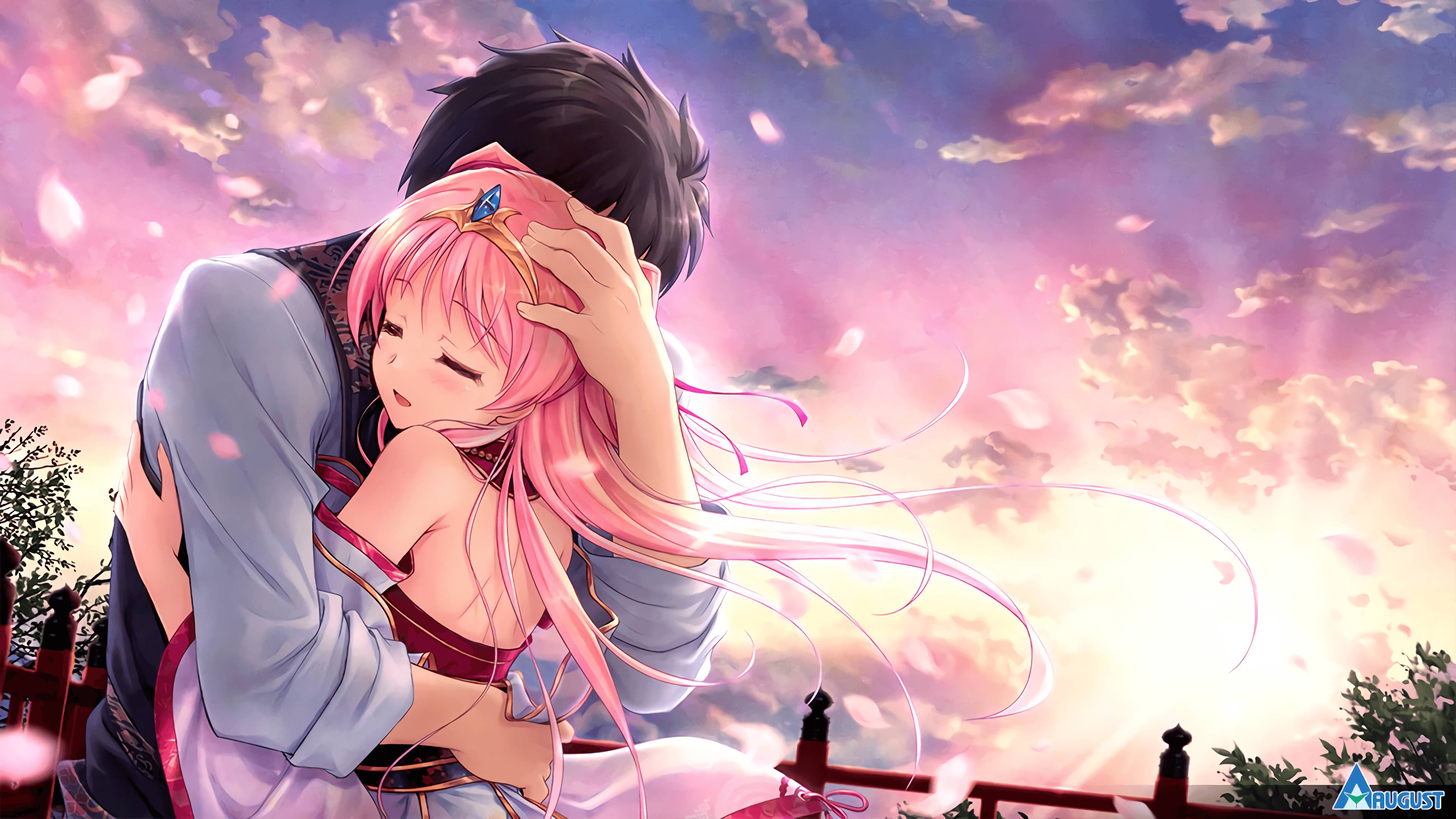 Anime Couple Hug, pink sky, vibrant pink sunset sky, 4K Desktop Wallpaper