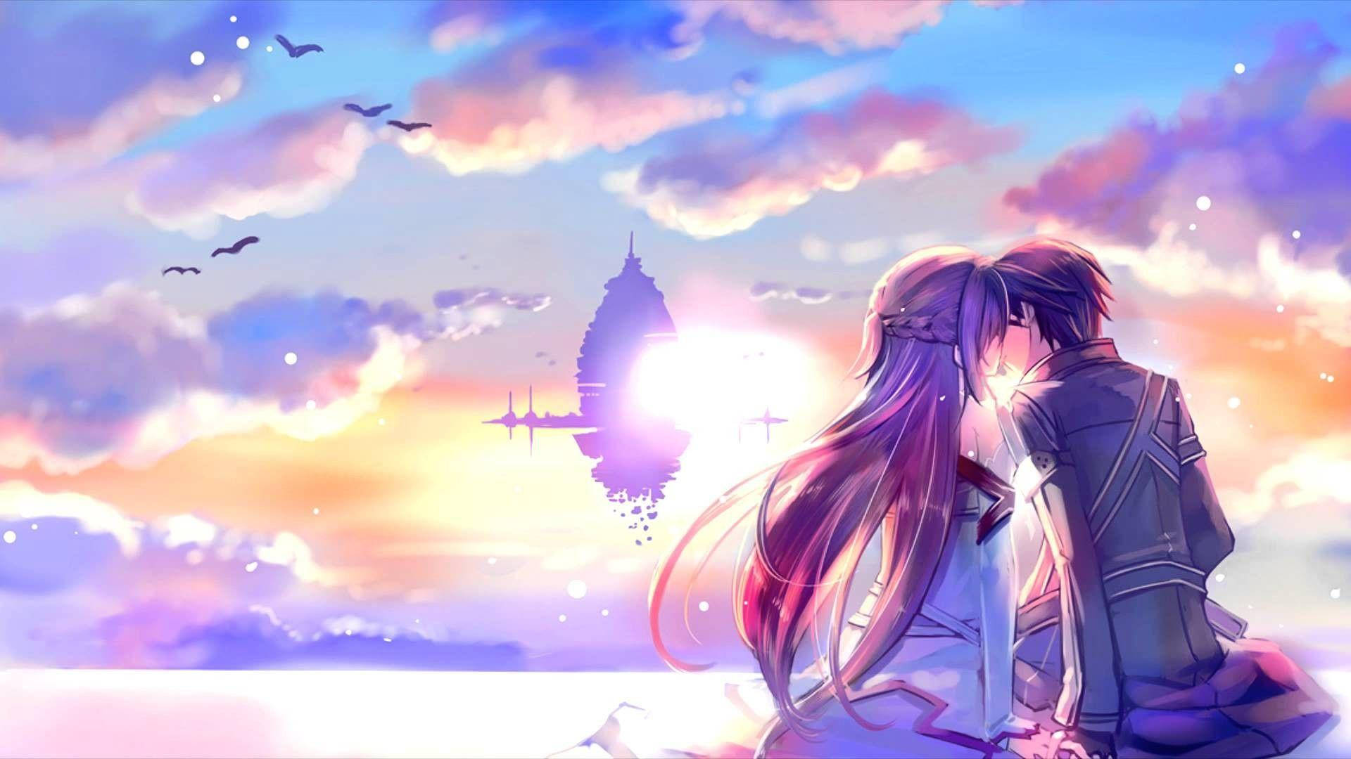 Anime Couple Hug, ocean, vibrant sunset sky, Full HD Desktop Wallpaper