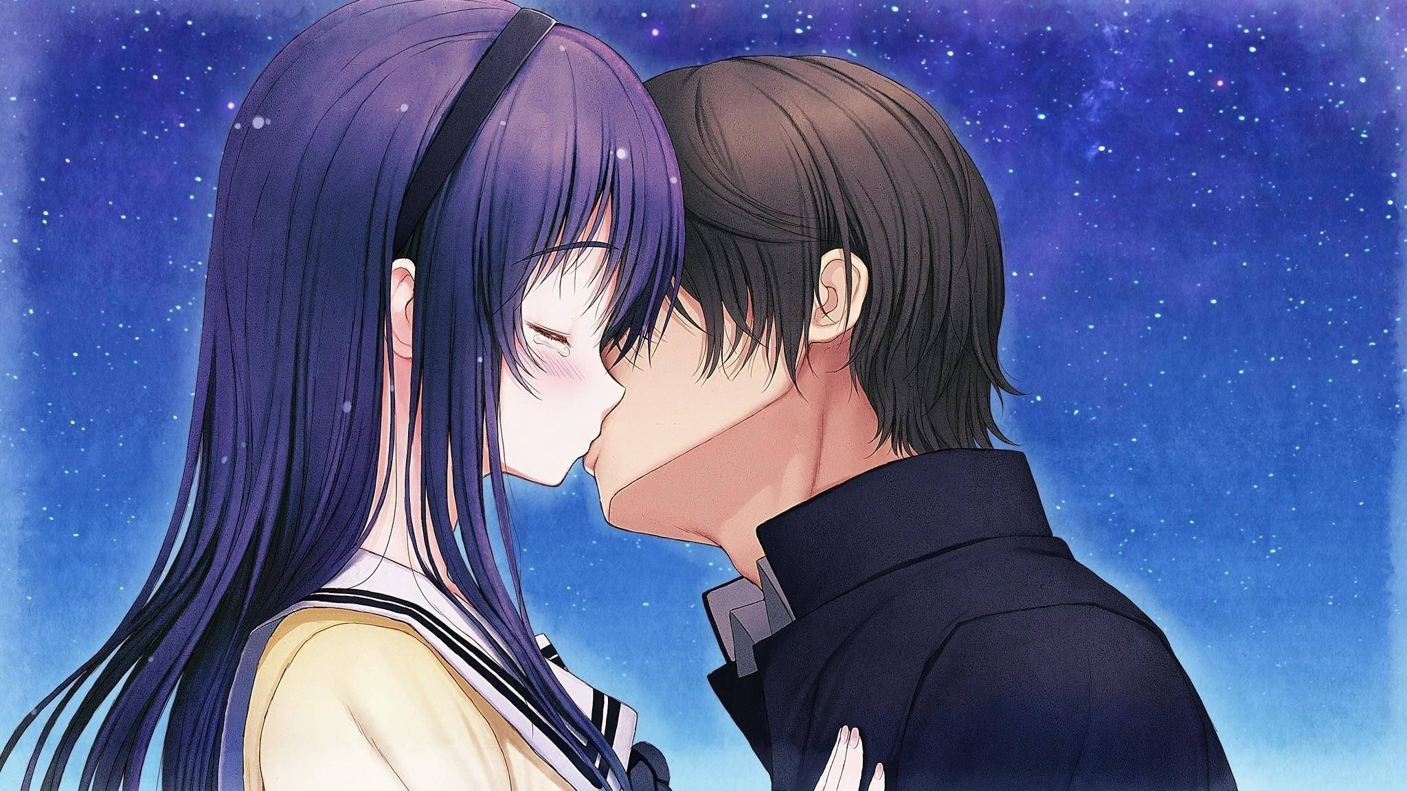 anime couple kiss, starry night sky, soft glowing particles, Full HD Desktop Wallpaper