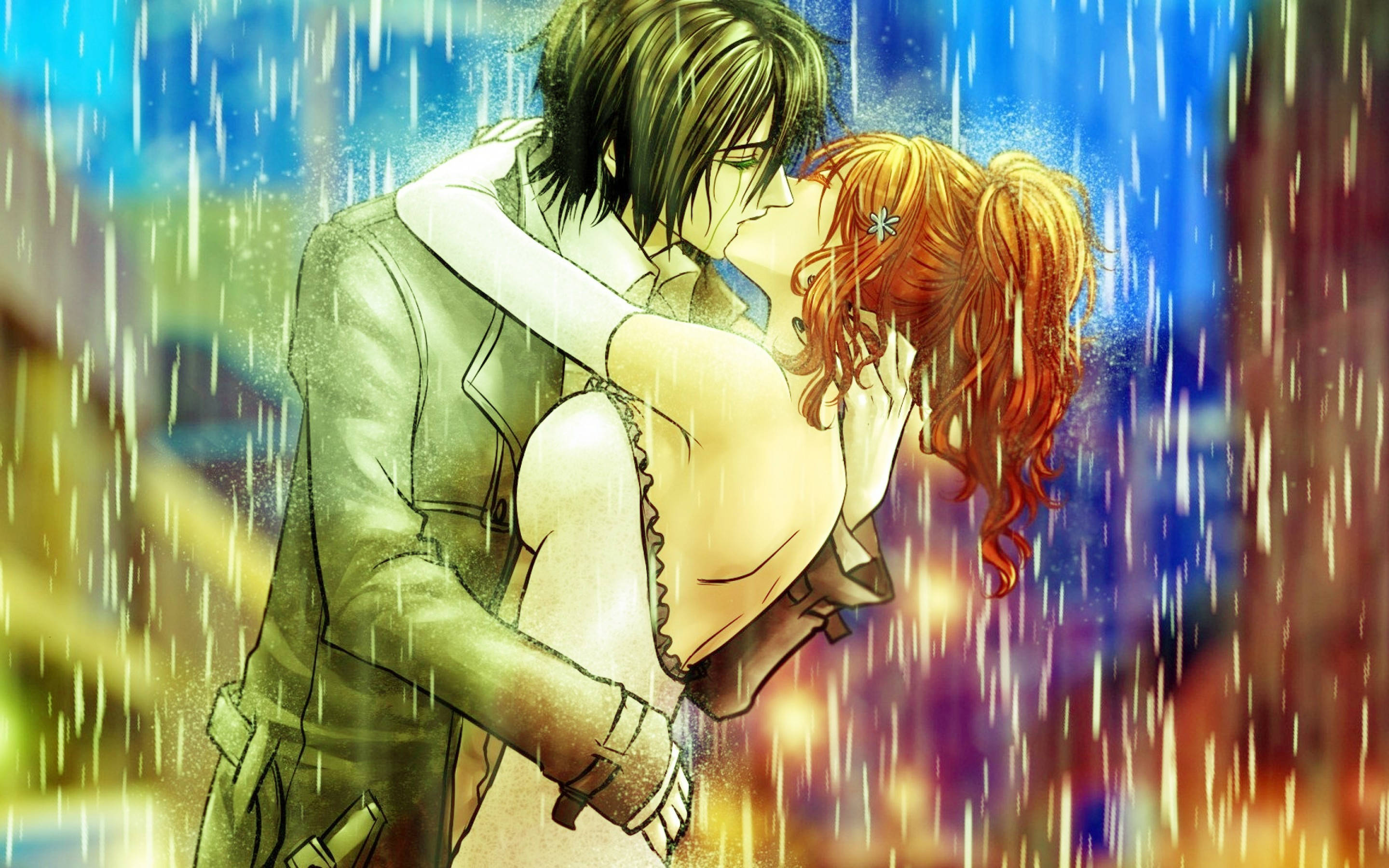 Anime Couple Kiss, rainstorm, glowing city lights, 2K Desktop Wallpaper