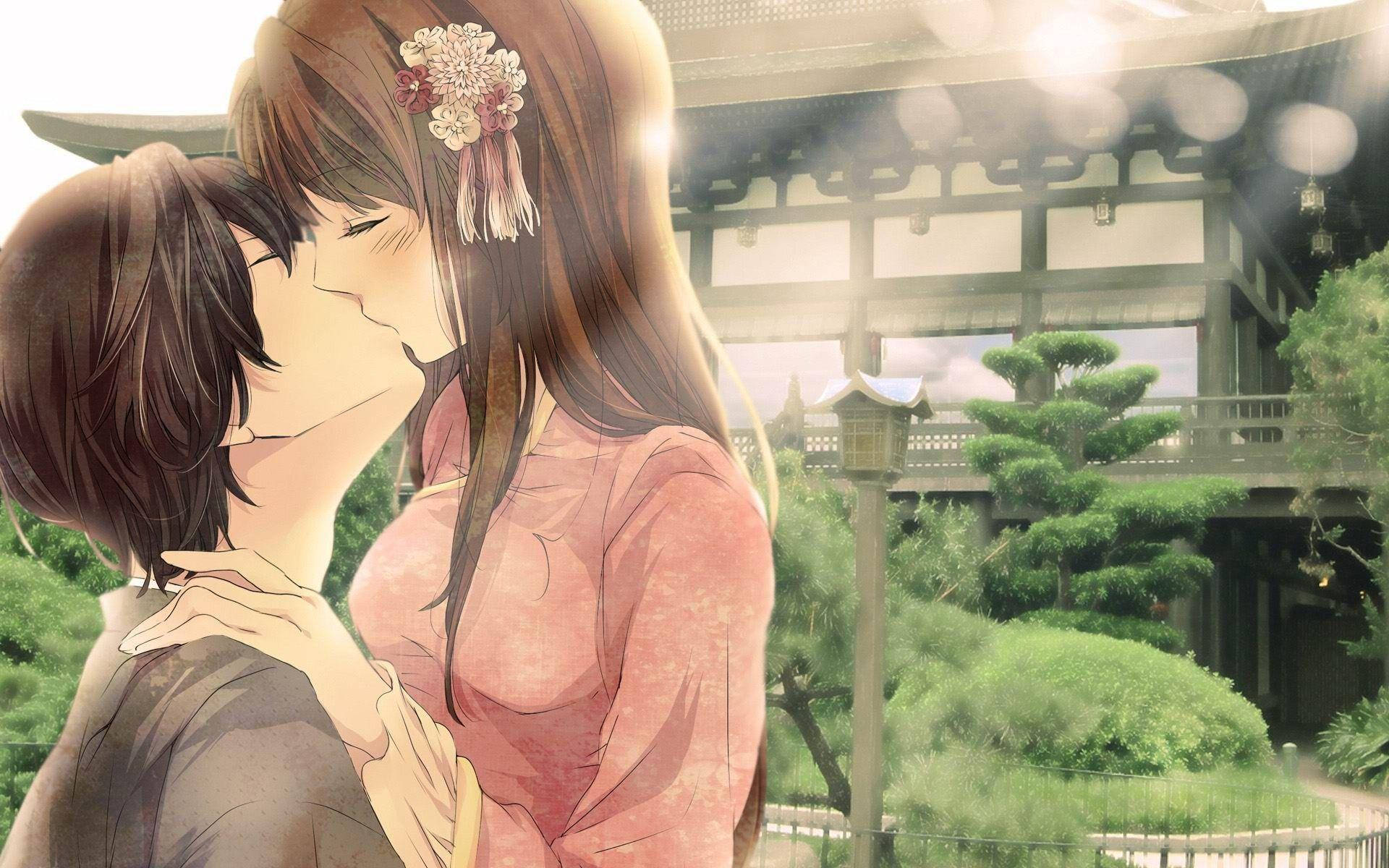 anime couple kiss, outside the temple, sunlit Japanese garden, Full HD Desktop Wallpaper