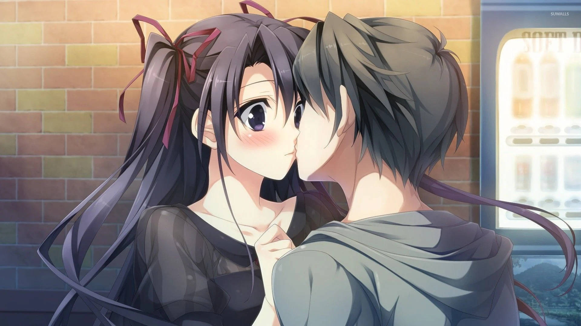 anime couple kiss, brick wall, vending machine, Full HD Desktop Wallpaper