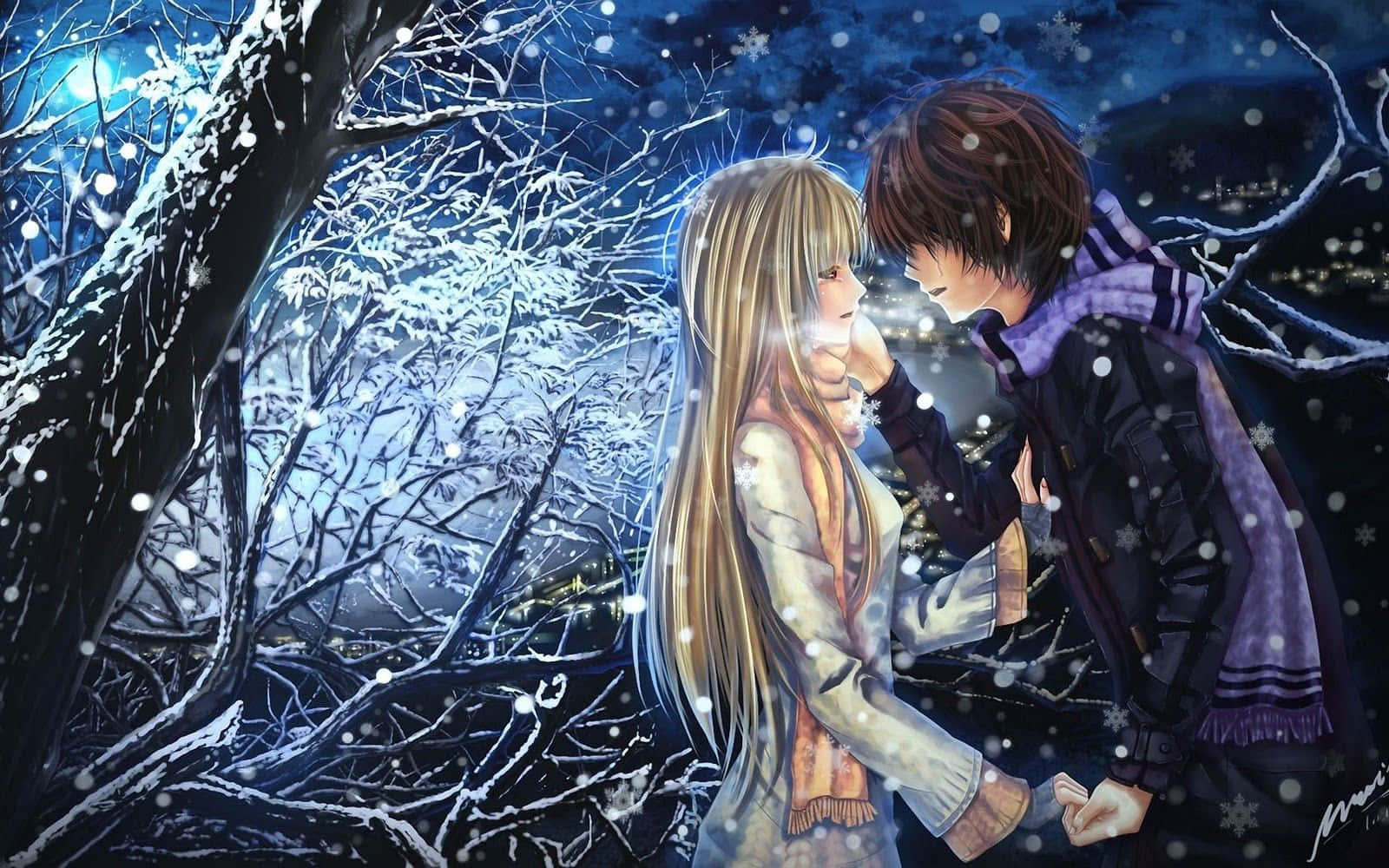 Anime Couple Kiss, Winter Forest, Snowy Night, HD Desktop Wallpaper