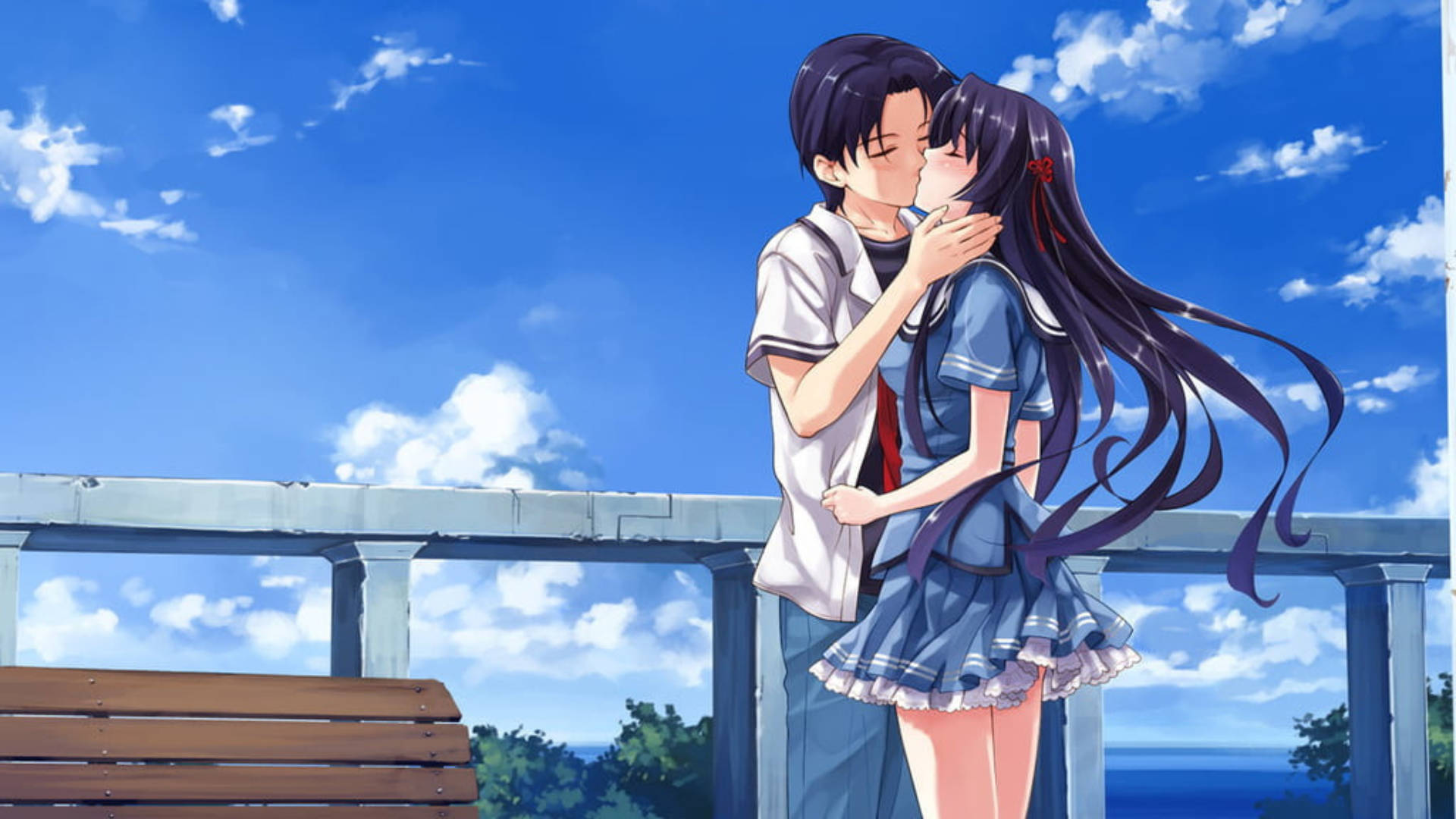 anime couple kiss, sunny day, school uniforms, Full HD Desktop Wallpaper