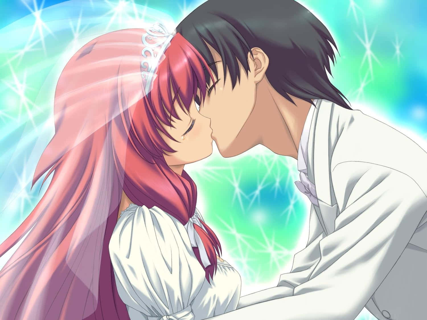 Night Core Love Kiss, red-haired anime bride, anime groom, HD Desktop Wallpaper