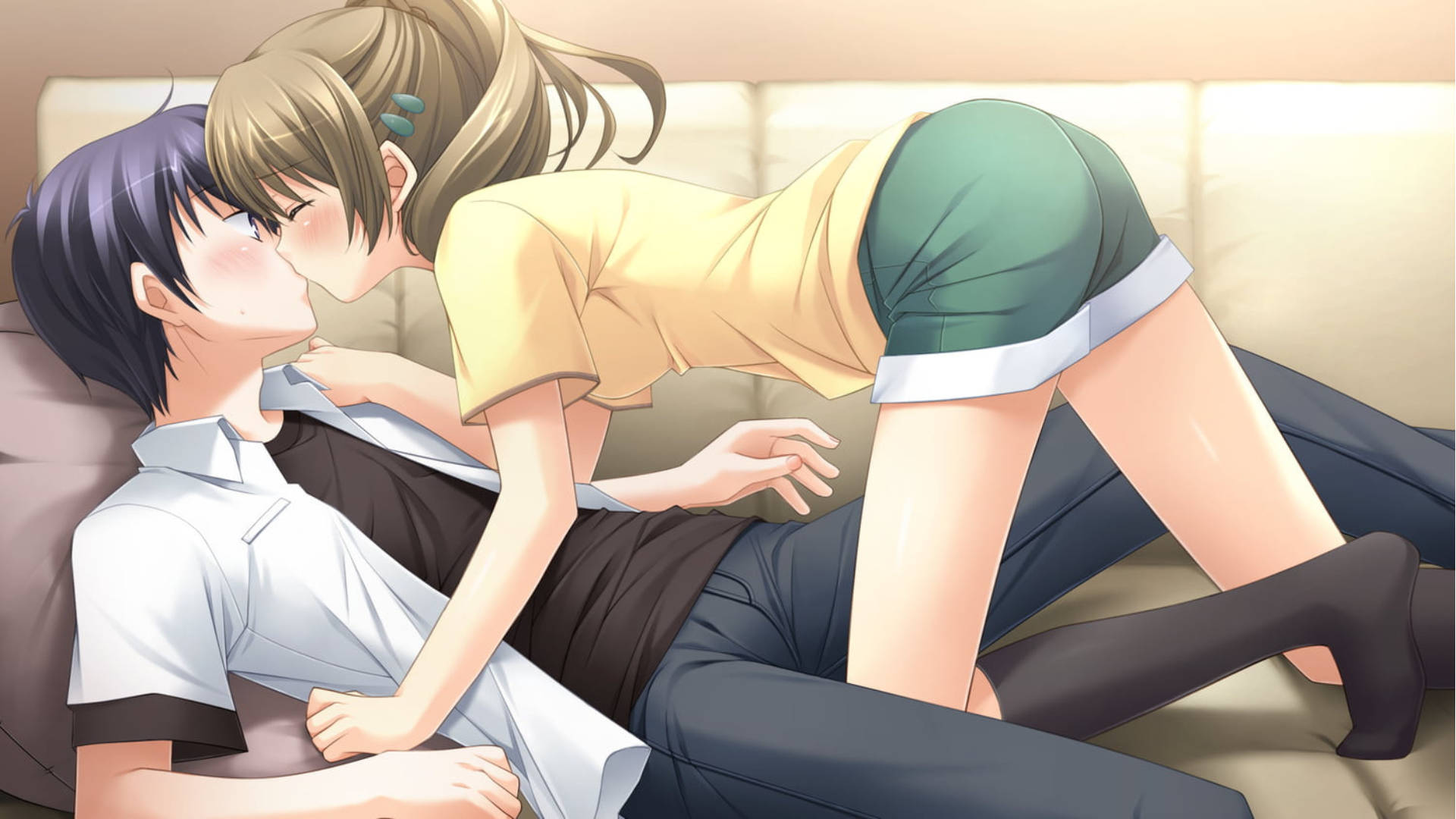 anime couple kiss, couch, beige couch, Full HD Desktop Wallpaper
