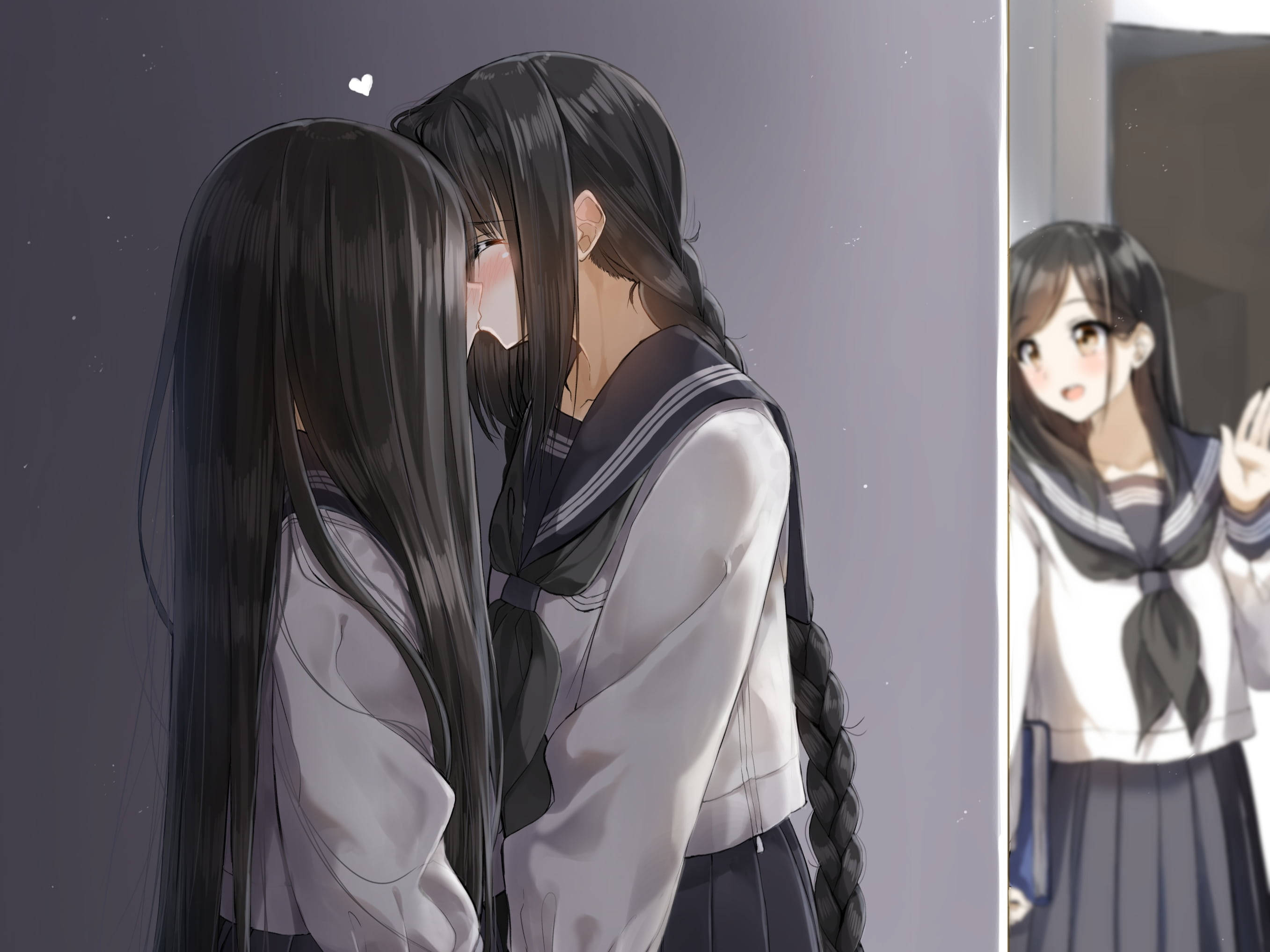 anime couple kiss, sailor uniforms, school, 2K Desktop Wallpaper