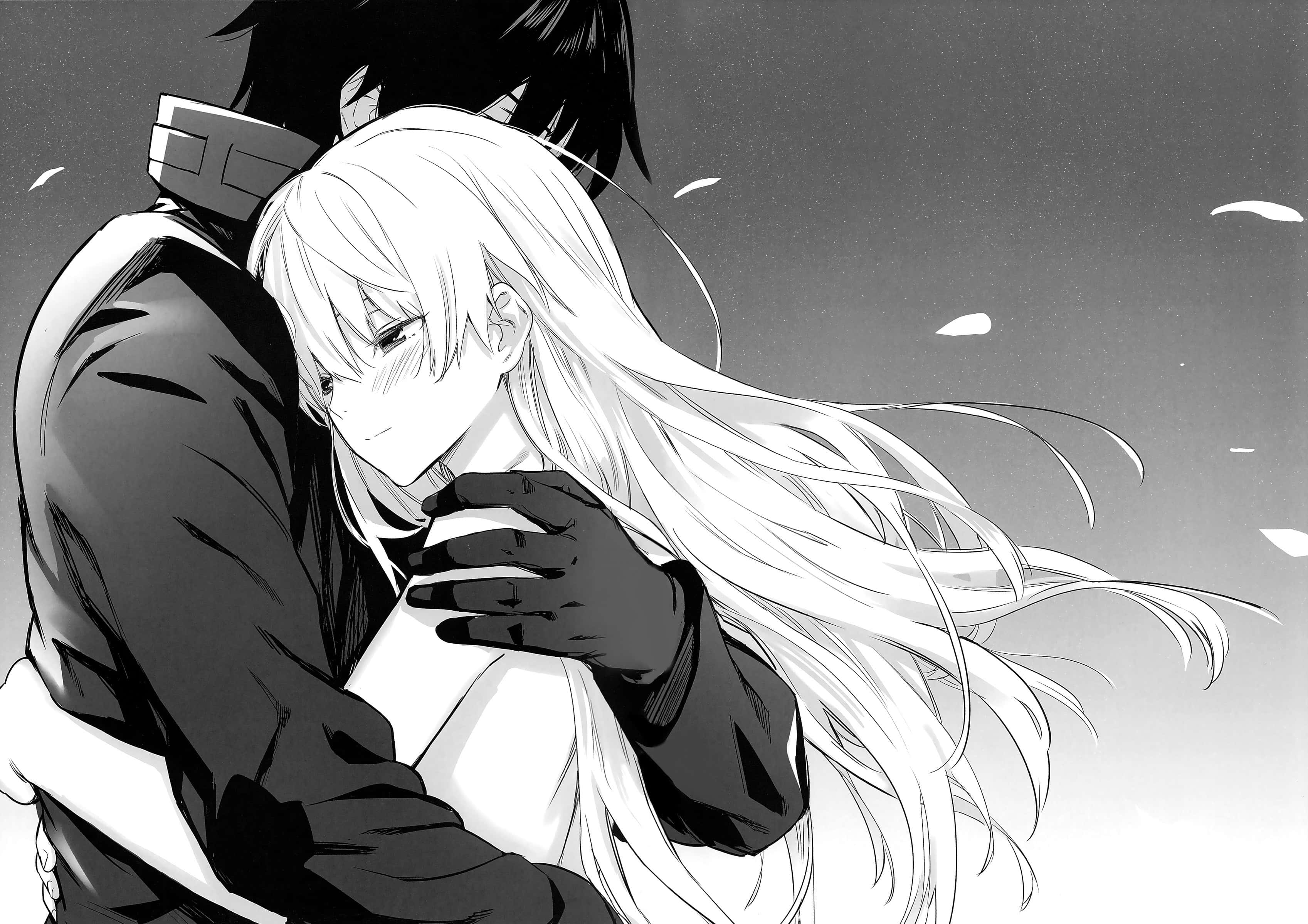 white and black anime pfp couple, dark-haired man, long-haired woman, 2K Desktop Wallpaper