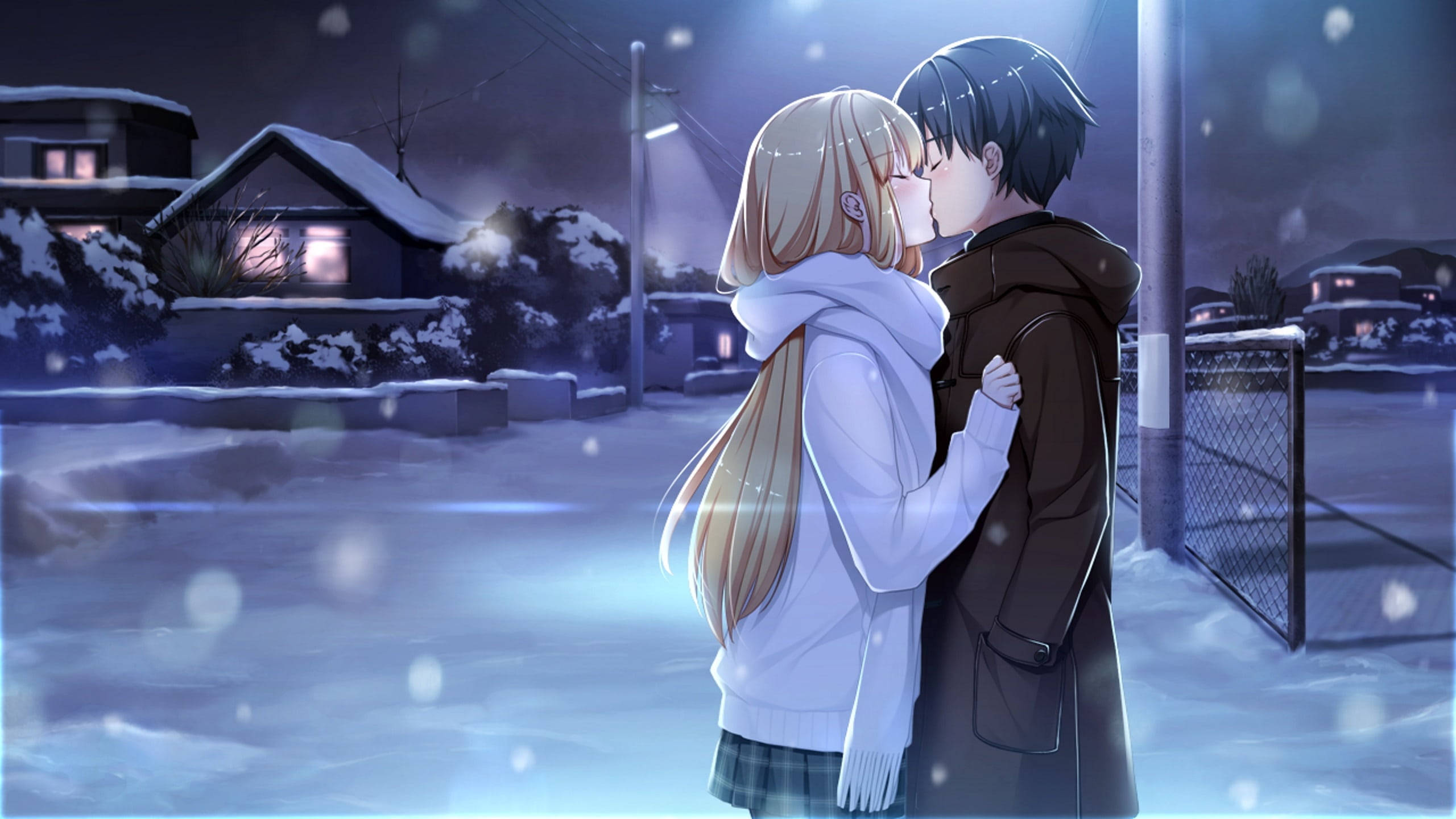 anime couple, kiss, snow, 2K Desktop Wallpaper