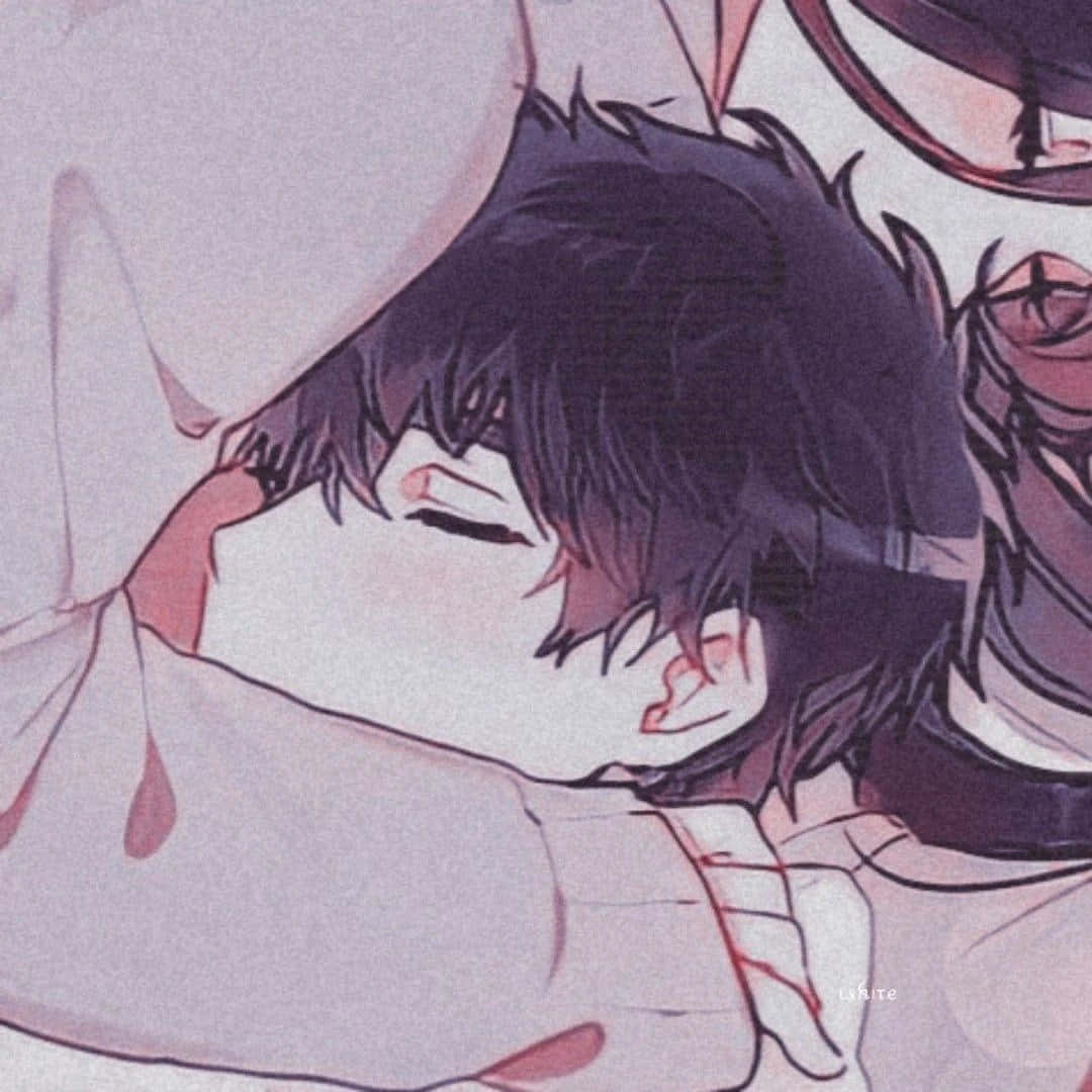 Anime boy, dark hair, soft pink and purple tones, SD Desktop Wallpaper