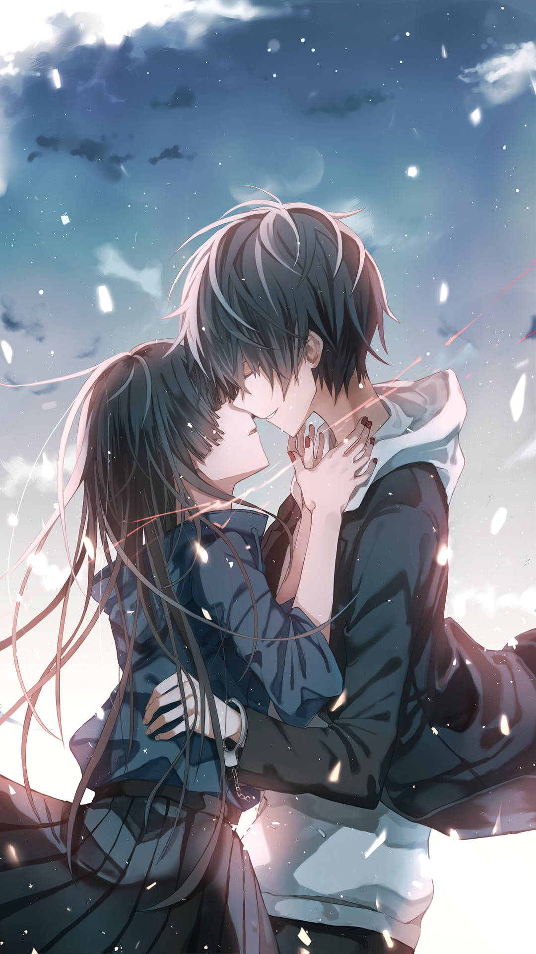 anime couple, kiss, starry sky, Full HD Phone Wallpaper