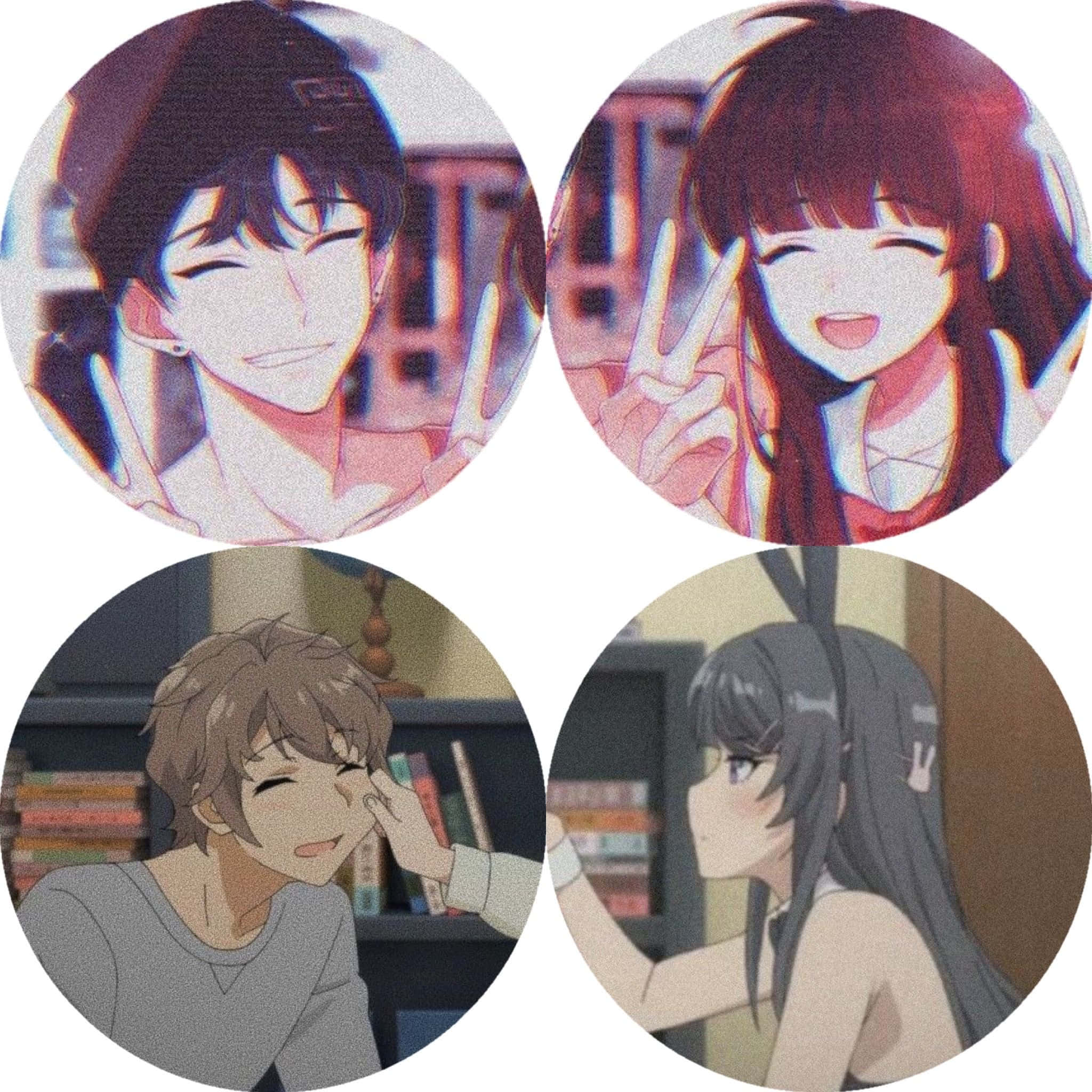 anime-style circular portraits, cheerful characters, peace signs, Full HD Desktop Wallpaper